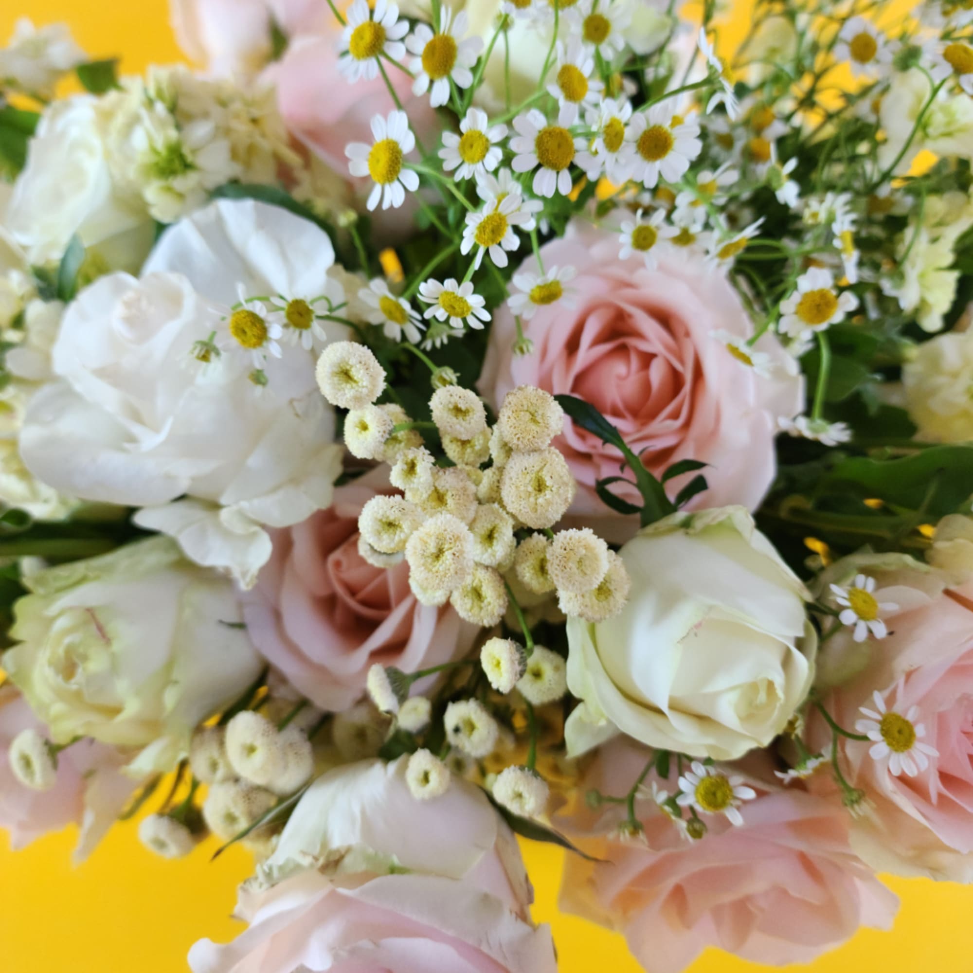 Bouquet of pale pink and white roses with small daisy-like flowers