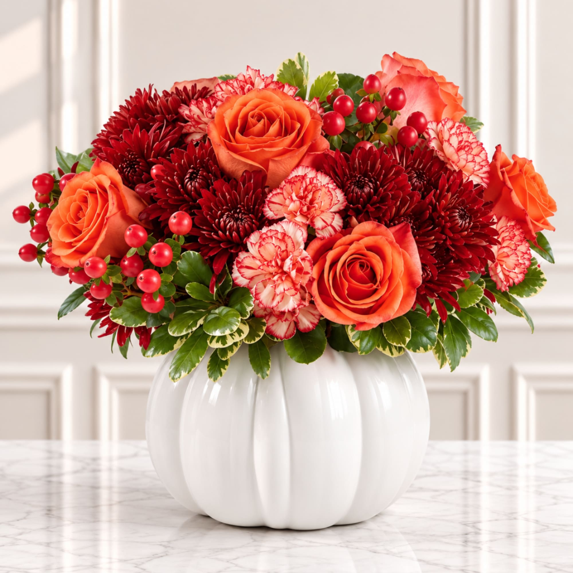 Orange roses and red chrysanthemums in a white vase