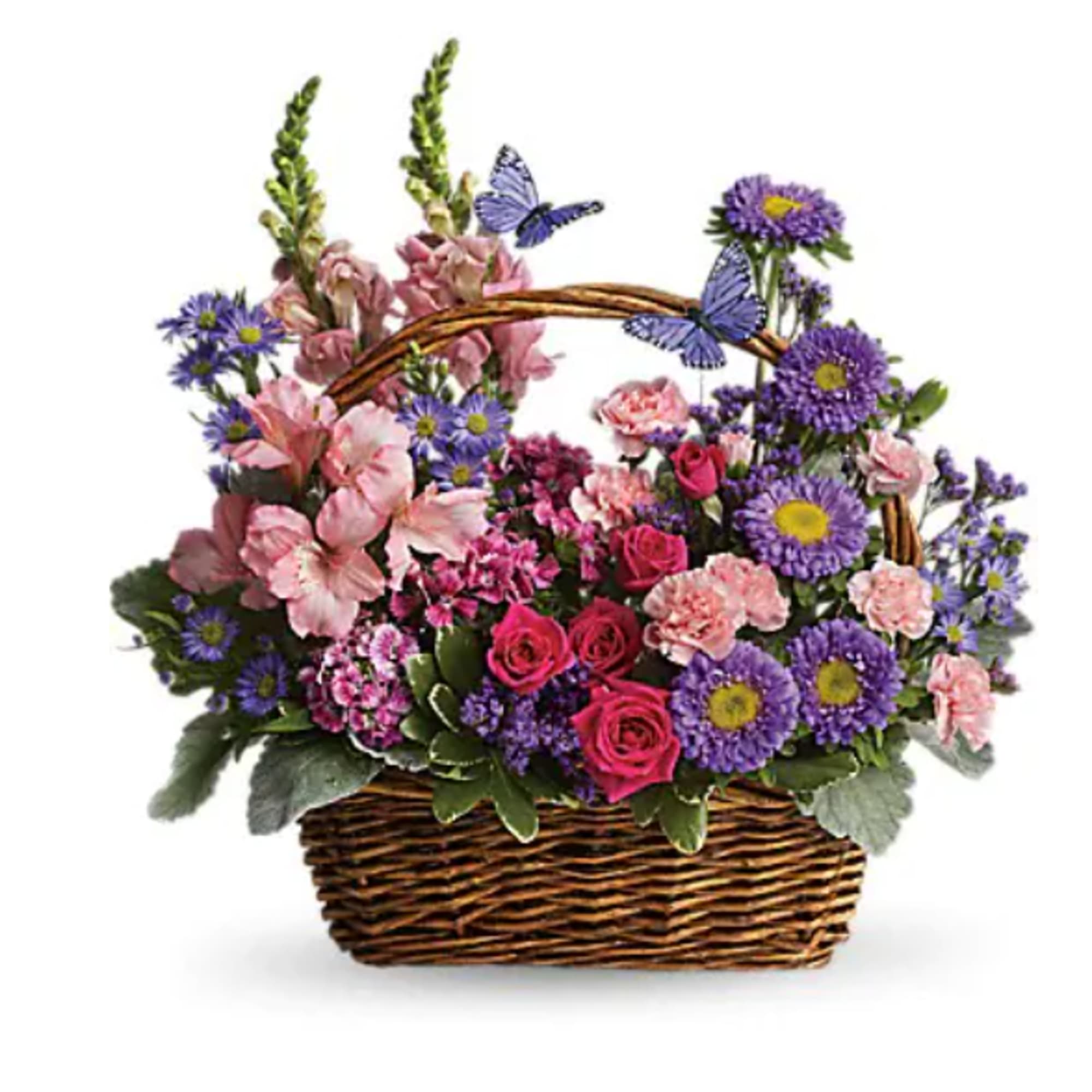 Basket arrangement of pink and purple flowers with butterfly accents