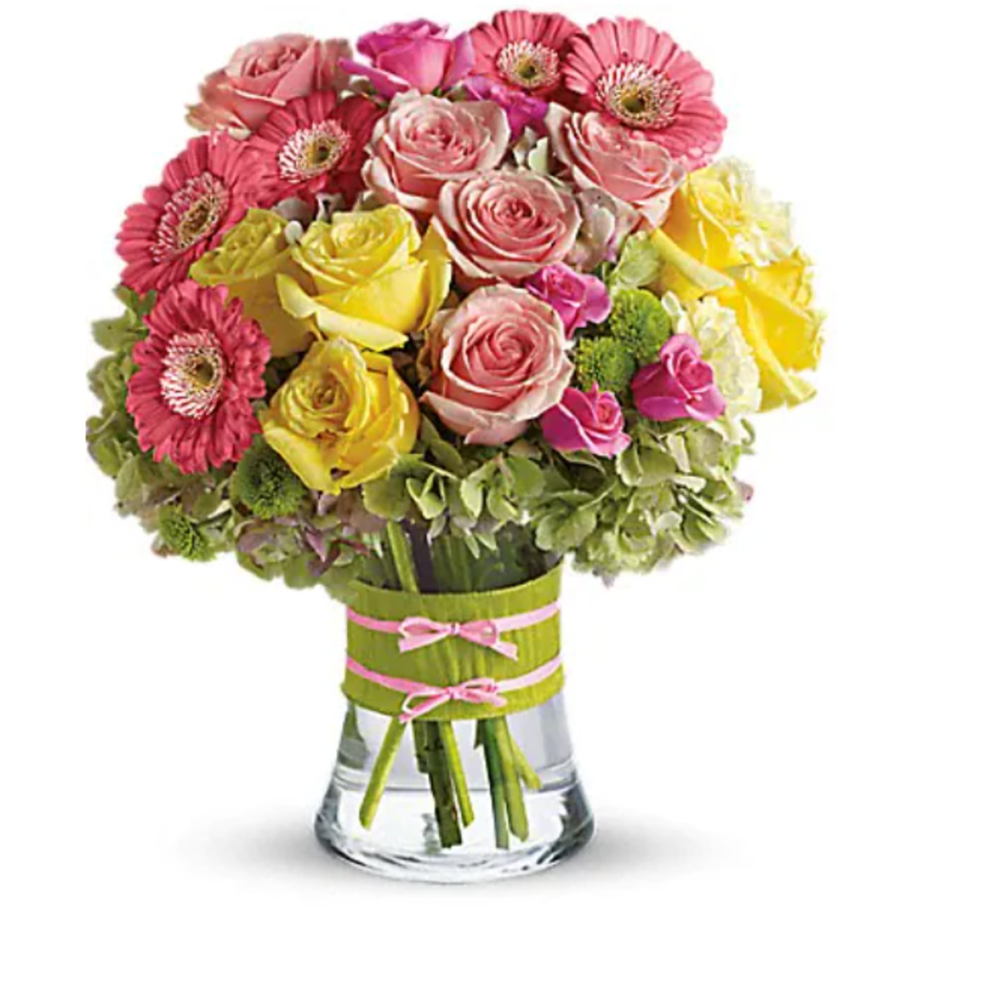Bouquet of pink and yellow roses with gerbera daisies in a glass vase