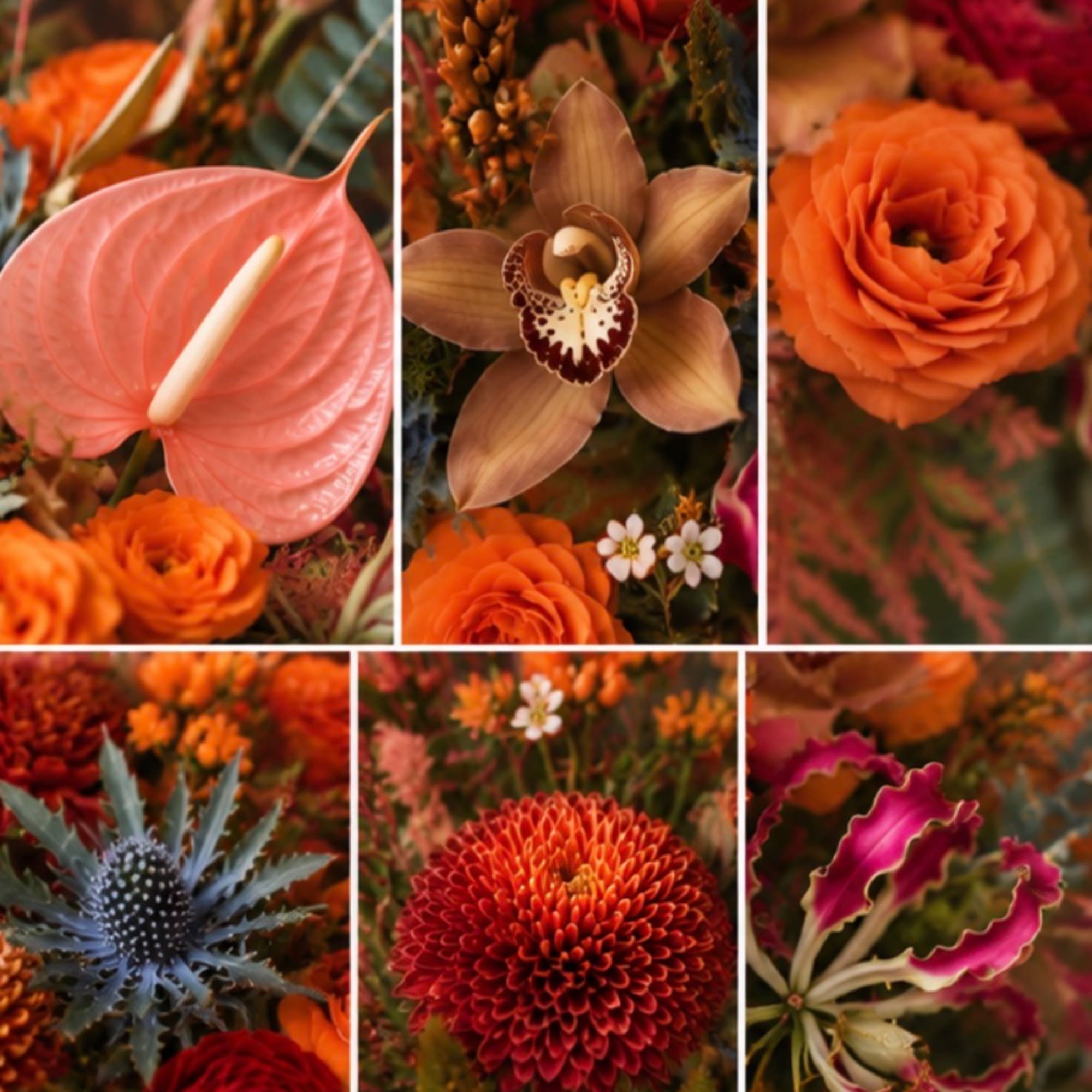 Collage of orange and pink tropical flowers with orchids and anthurium