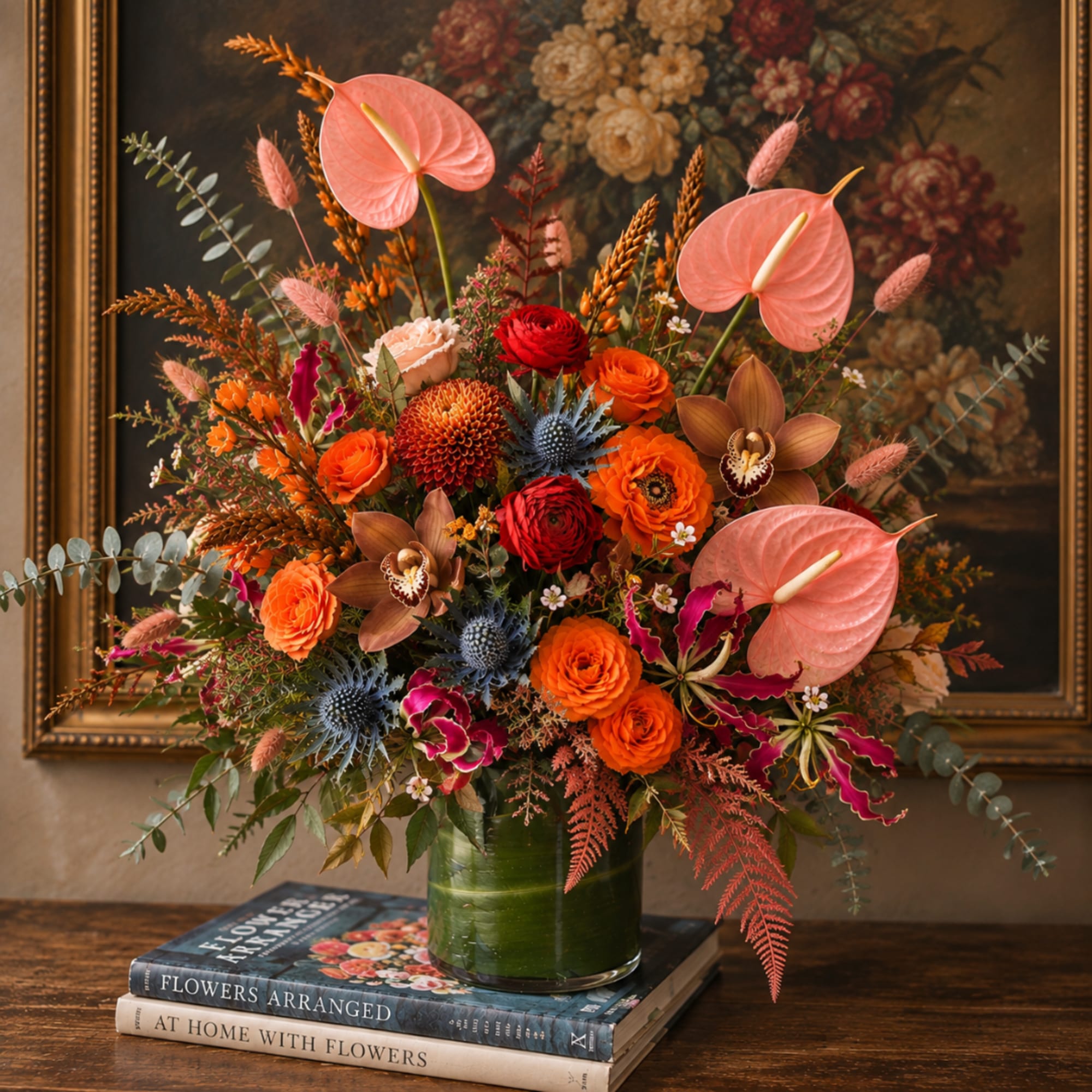 Colorful floral arrangement in a green glass vase with pink anthuriums and orange blooms