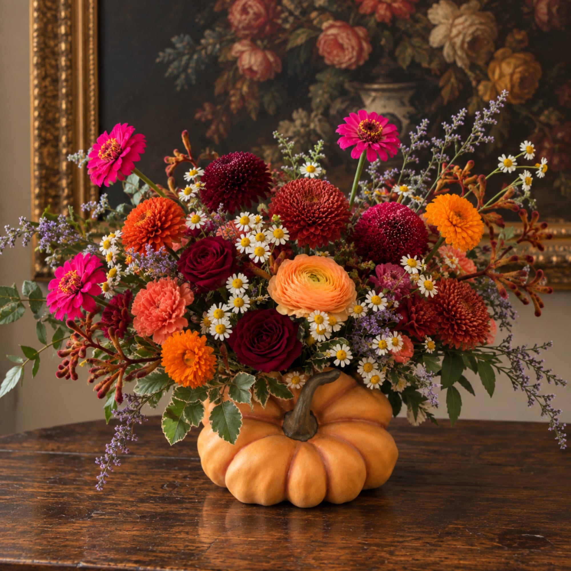 Mixed fall bouquet arranged in a pumpkin vase
