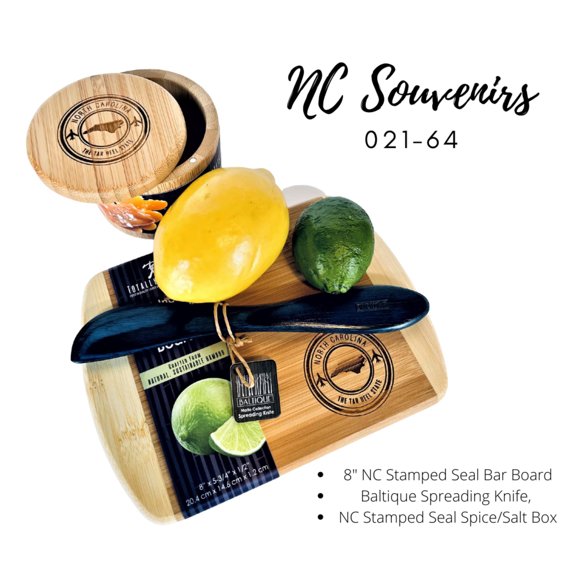 Wooden gift set with a spreading knife, spice box, and board topped with faux fruit