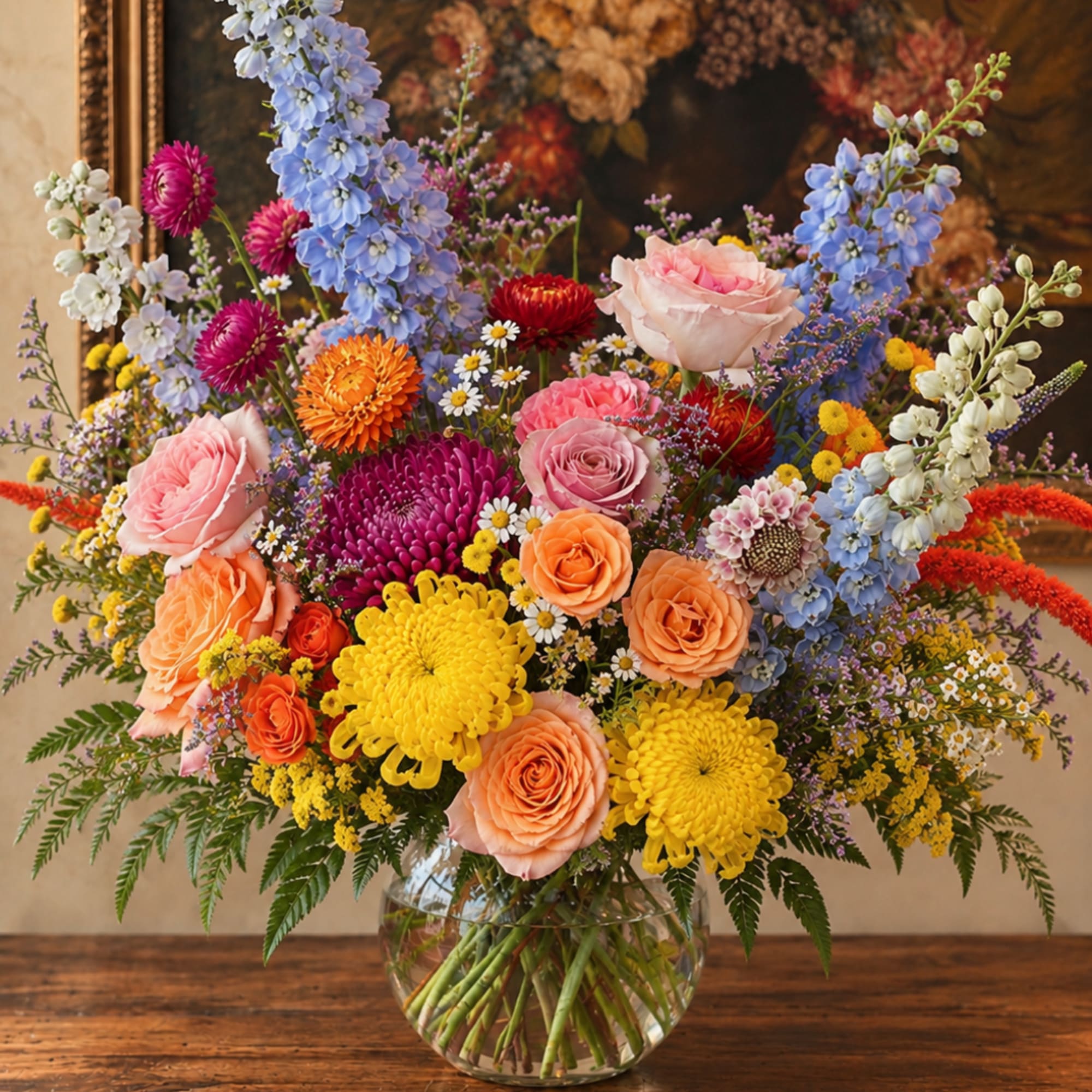 Mixed bouquet of roses, chrysanthemums, and blue delphinium in a glass vase