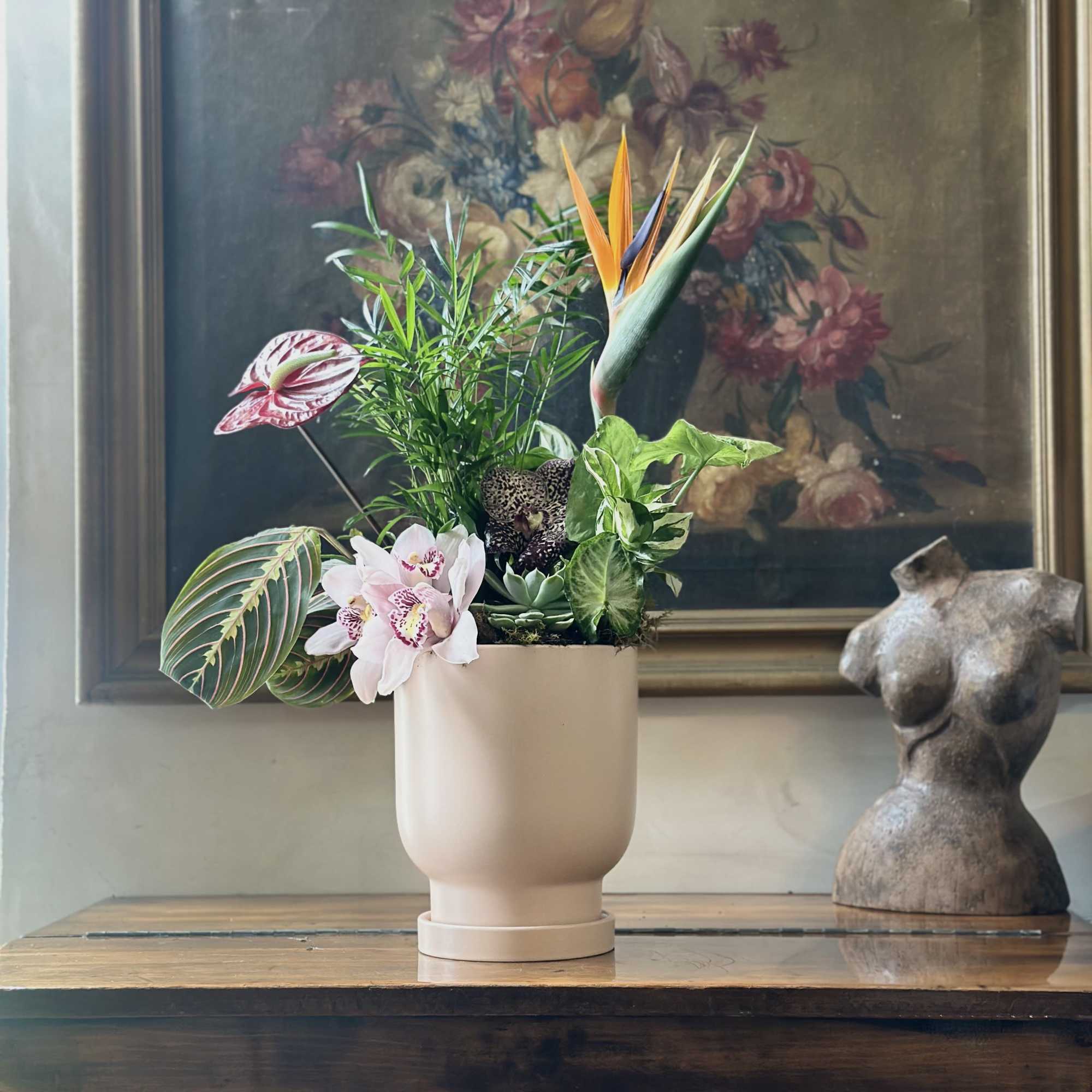 Mixed tropical plant arrangement in a beige pot with orchids and bird of paradise