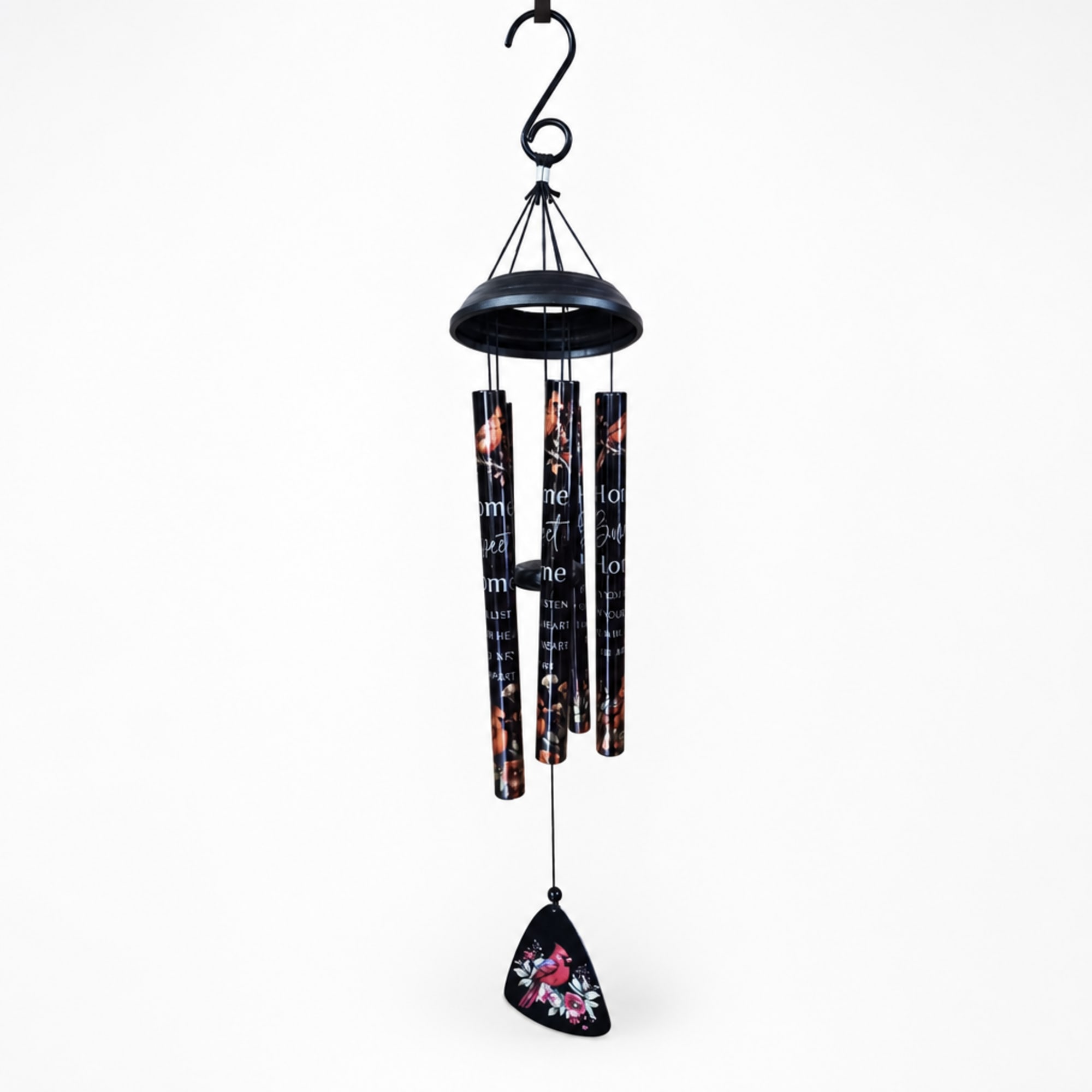 Black hanging wind chime with printed tubes and a floral pendant