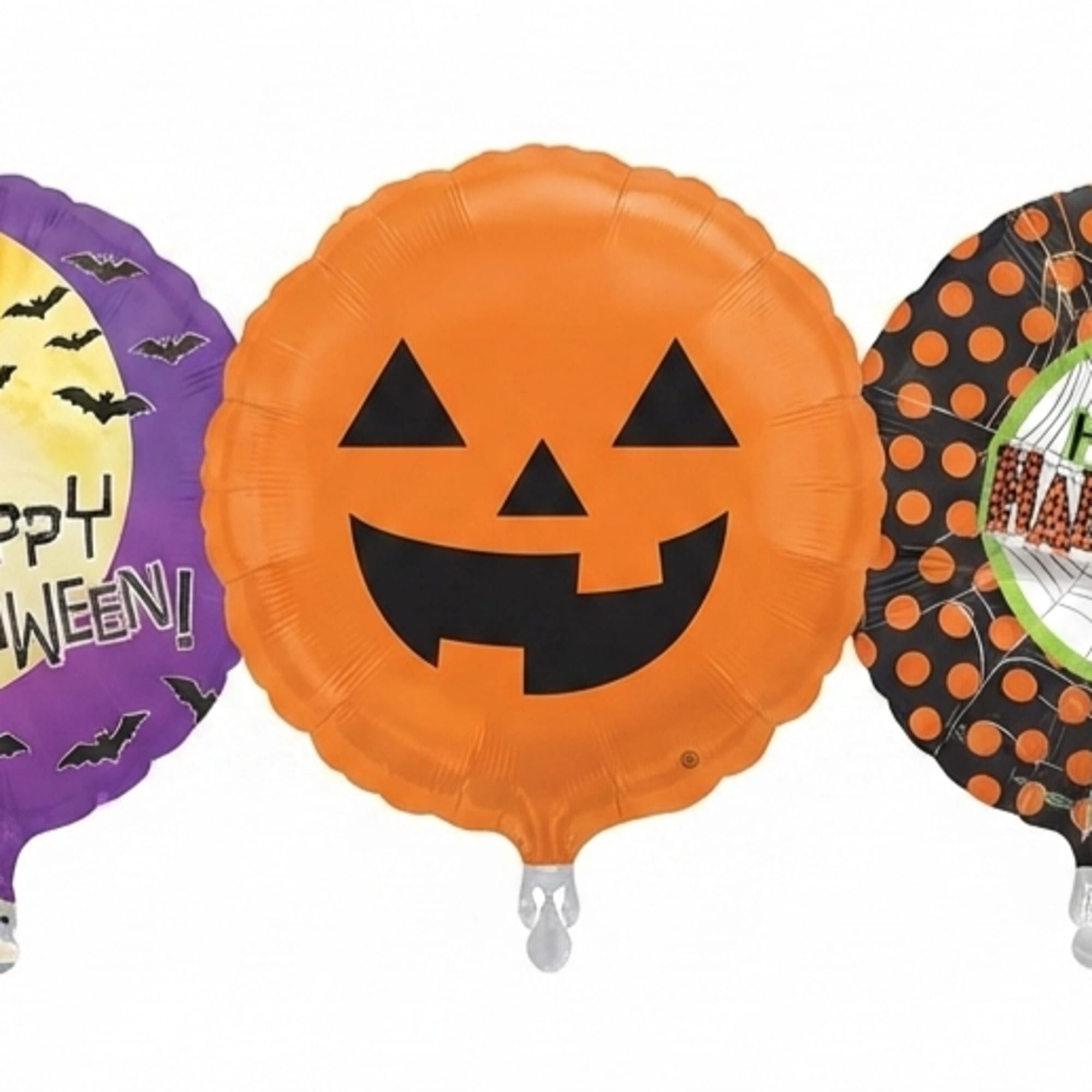 Three Halloween foil balloons with pumpkin and spooky designs