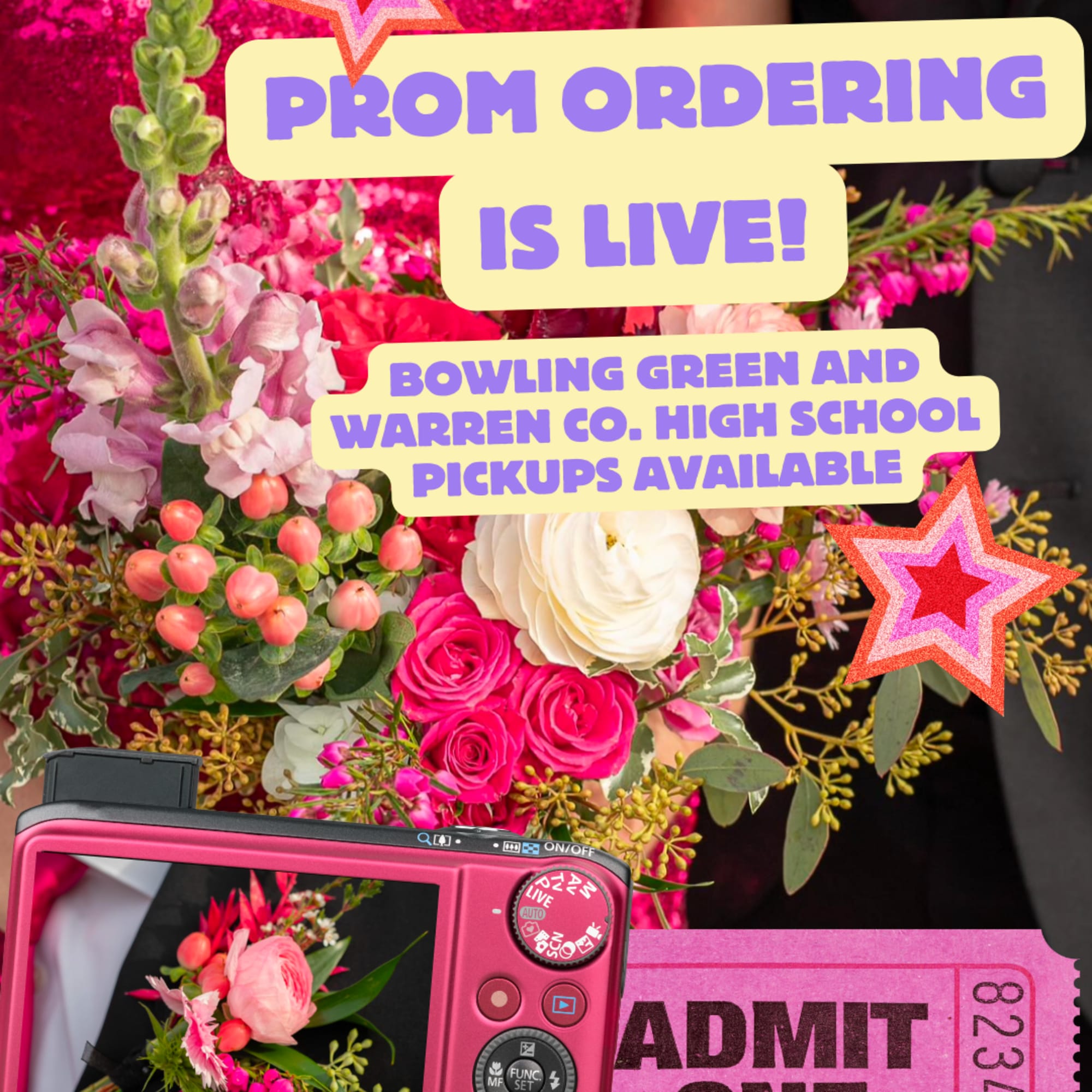 Prom-themed floral arrangement with pink roses and a white bloom