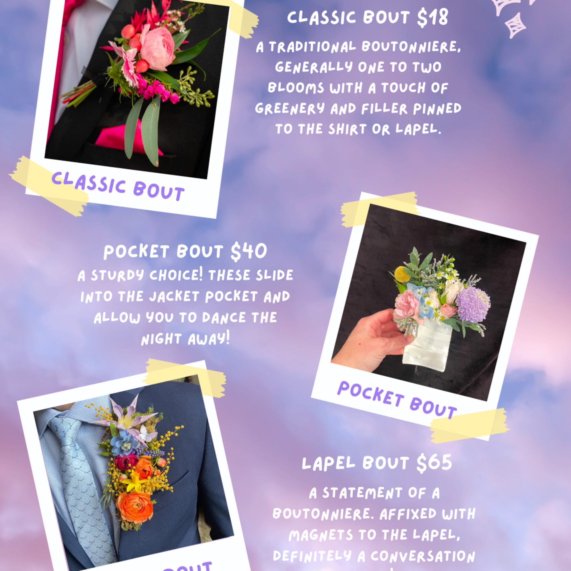 Promotional graphic showing three boutonniere styles with floral samples.