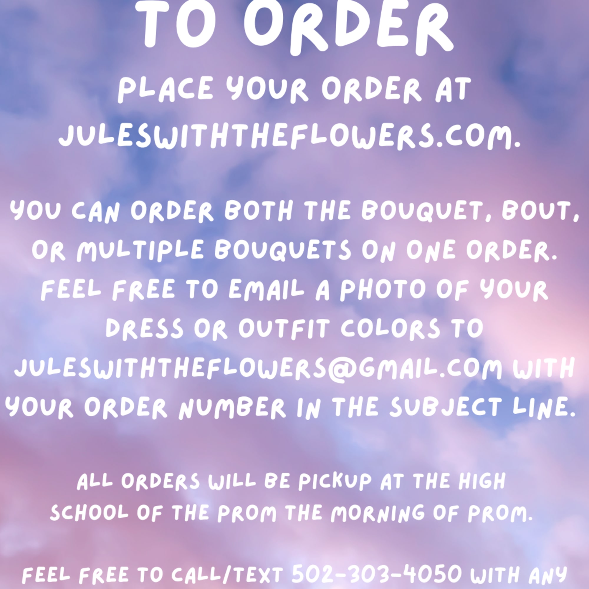 Prom order instructions on a pastel purple-pink background