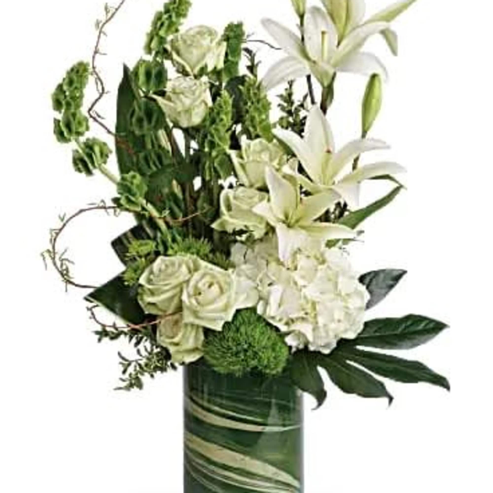 White lilies and roses arranged in a green glass vase, photo 3 of 3