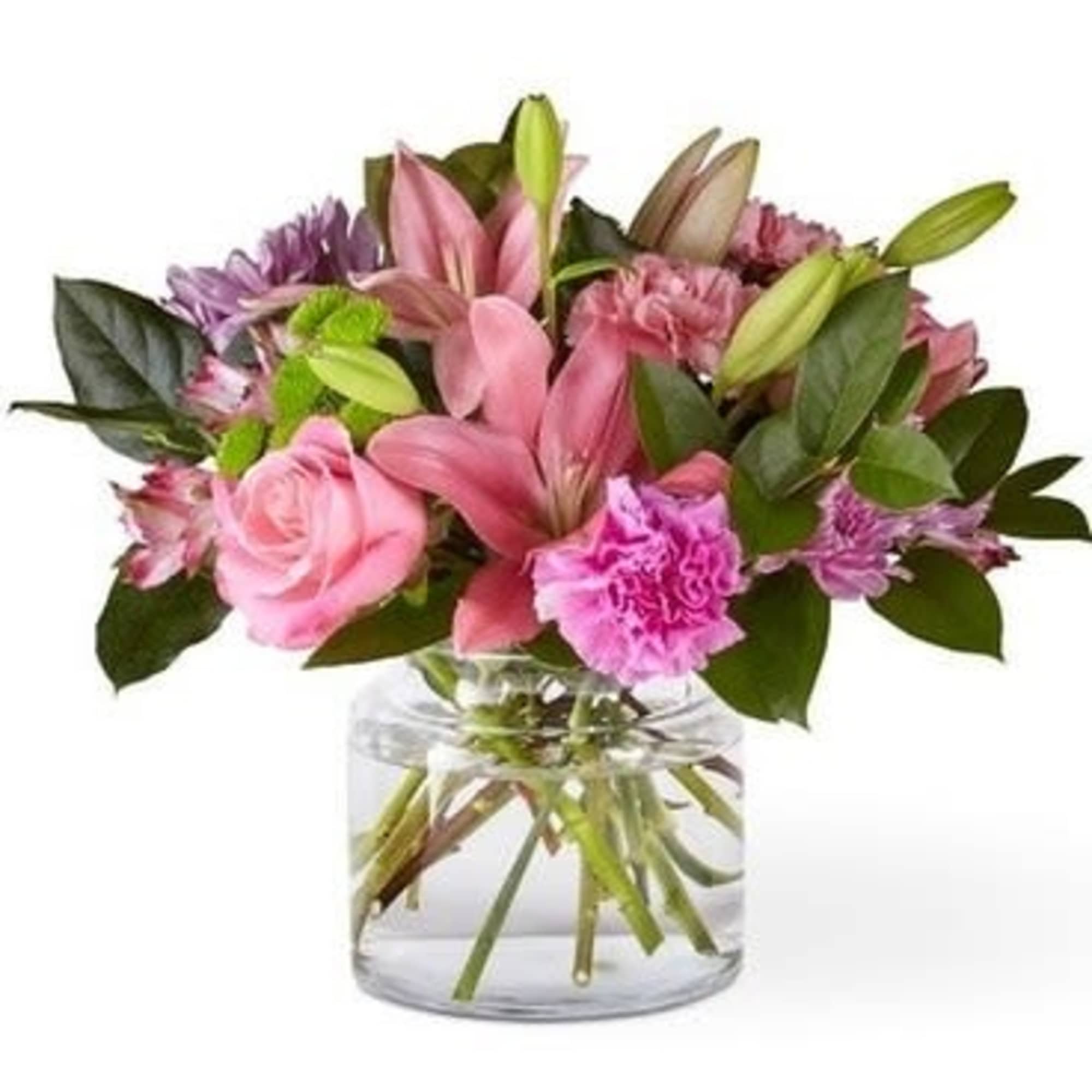 Pink and purple mixed bouquet in a clear glass vase, photo 2 of 3