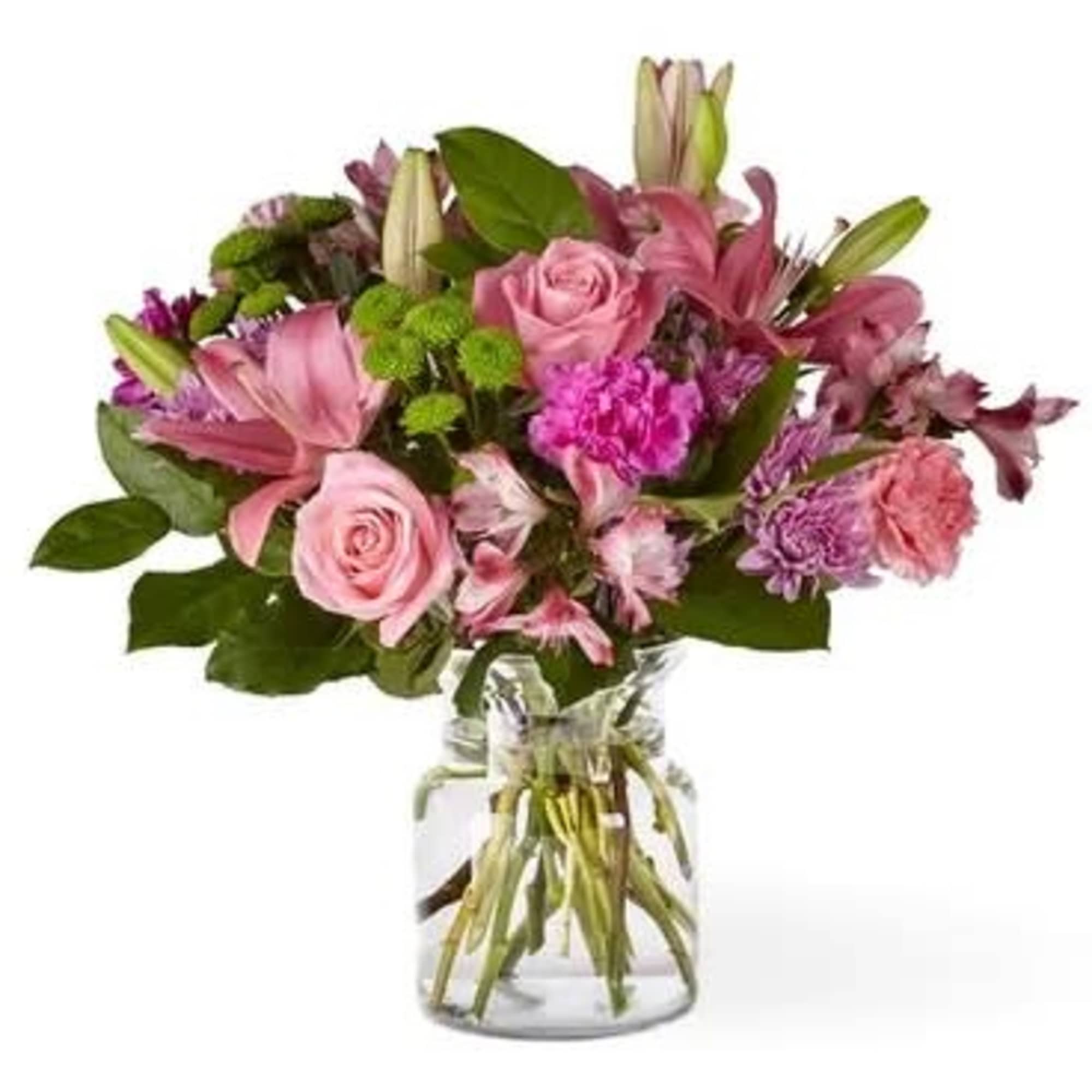 Pink and purple mixed bouquet in a clear glass vase, photo 3 of 3