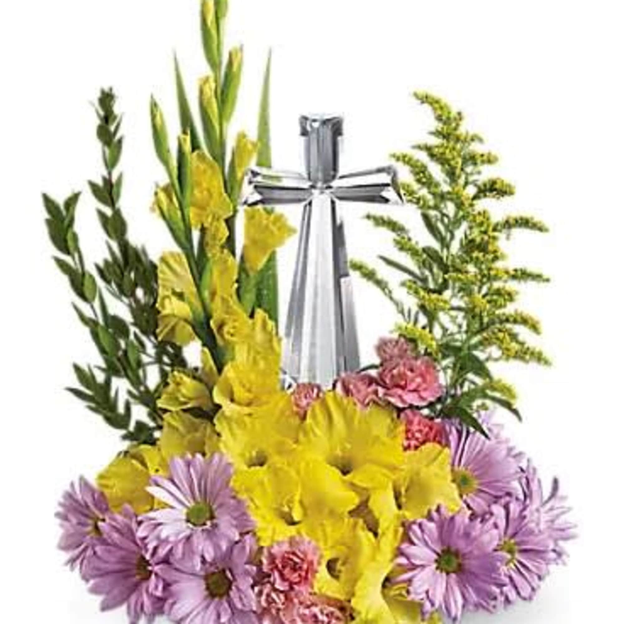 Yellow gladiolus and purple daisies arranged around a silver bottle