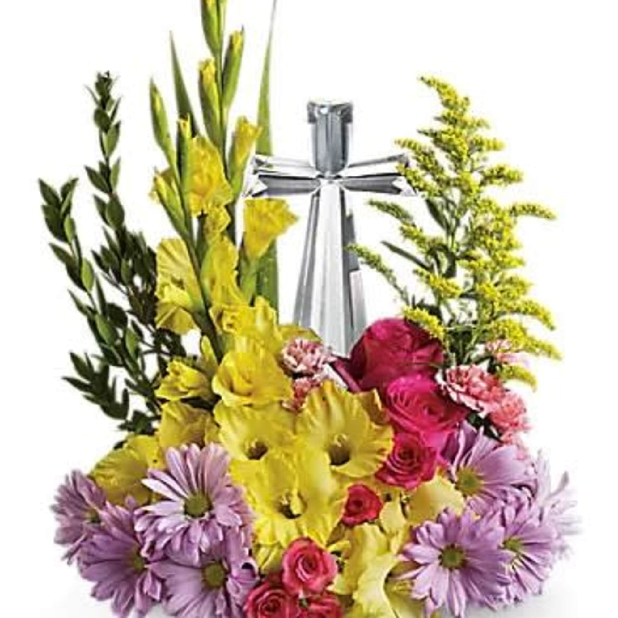 Mixed bouquet with yellow gladiolus, pink roses, and purple daisies