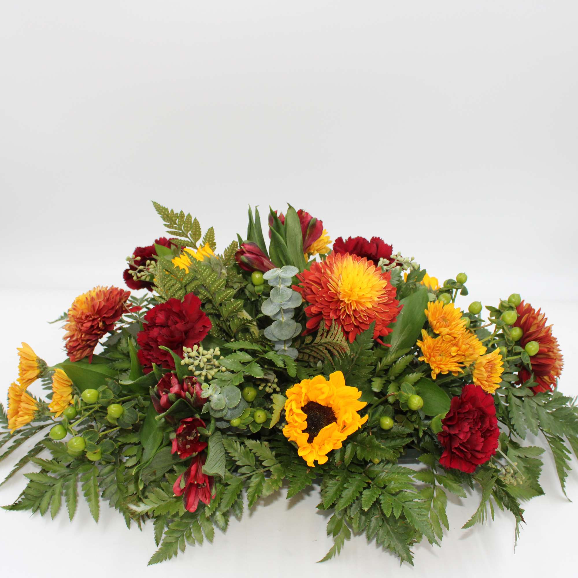 Delicata is a traditional long and low centerpiece with mixed Mums, Burgundy, photo 2 of 2