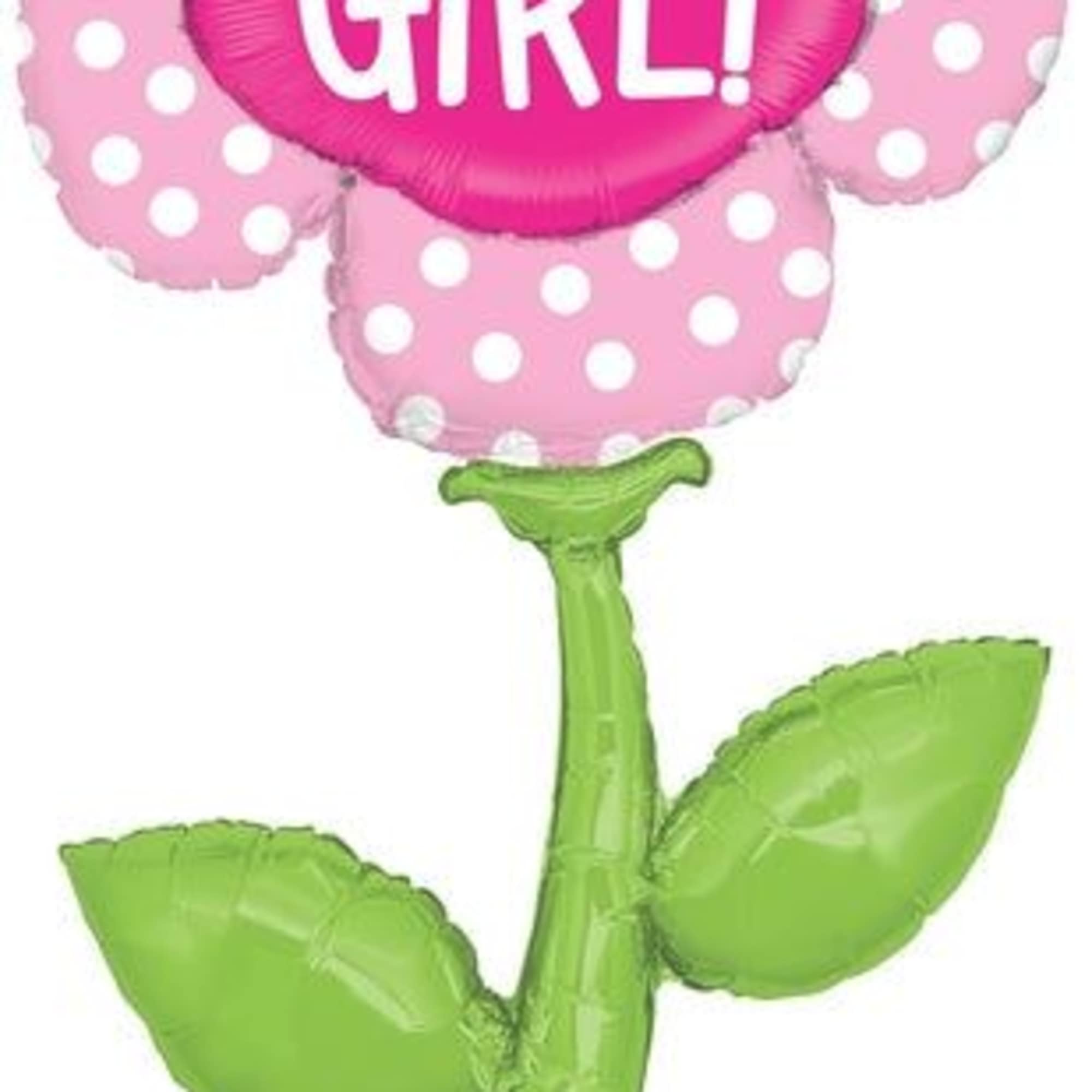 Pink polka-dot flower-shaped balloon with "IT'S A GIRL!" text and green stem and leaves