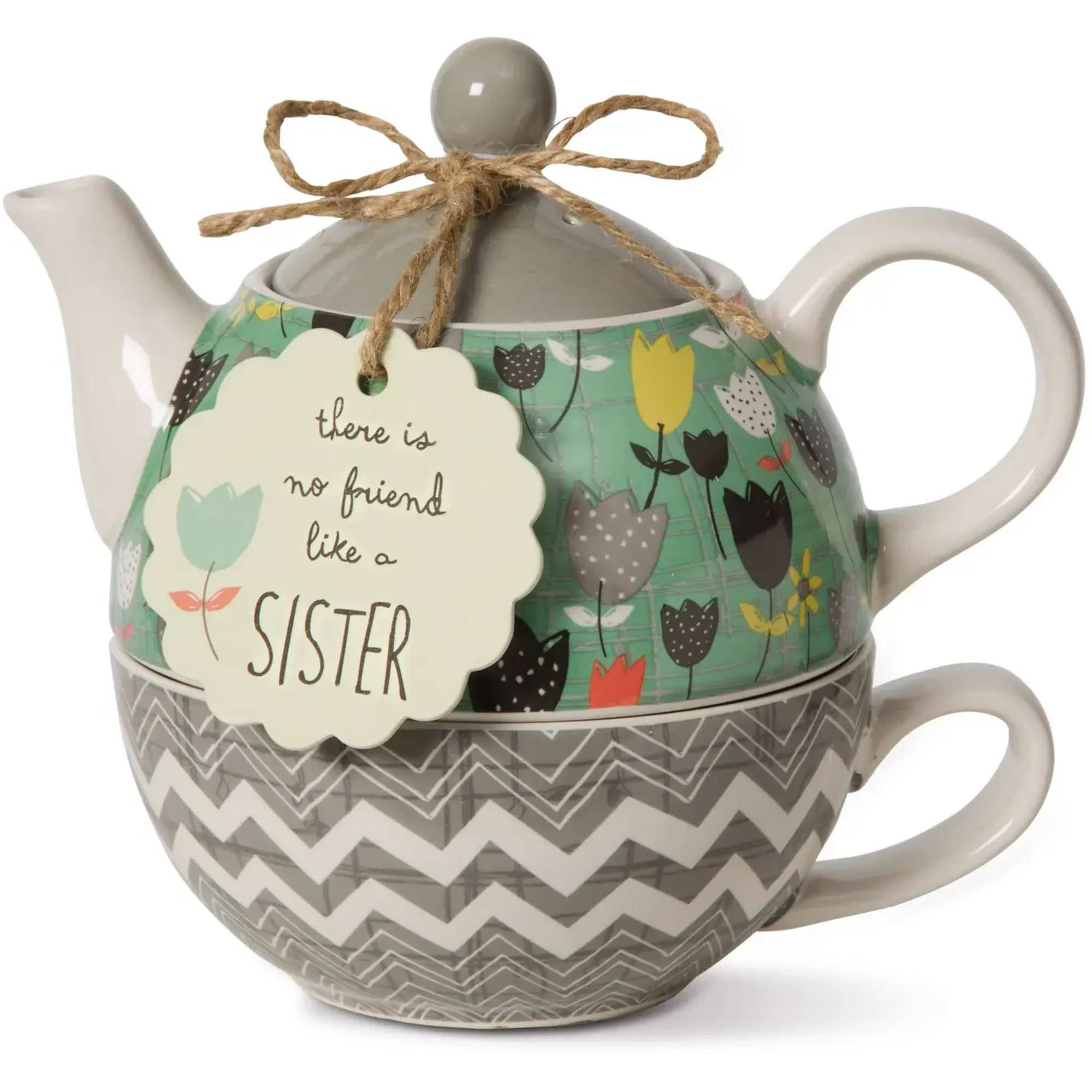Stacked ceramic teapot and teacup set with a sister gift tag