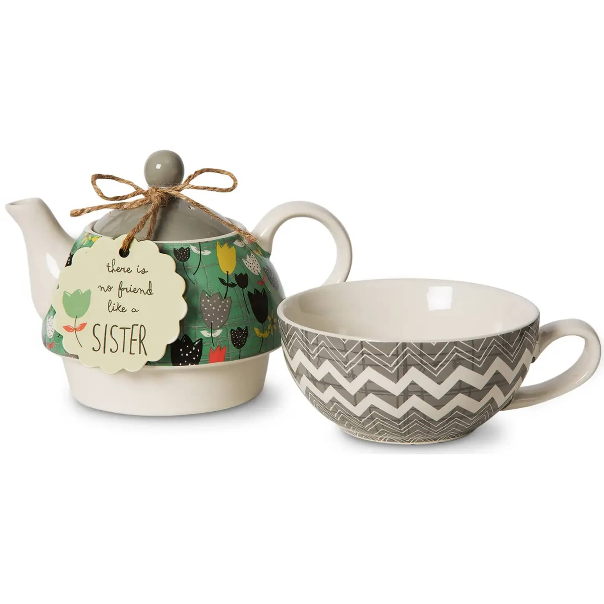 Decorative ceramic teapot and matching teacup with a sister gift tag