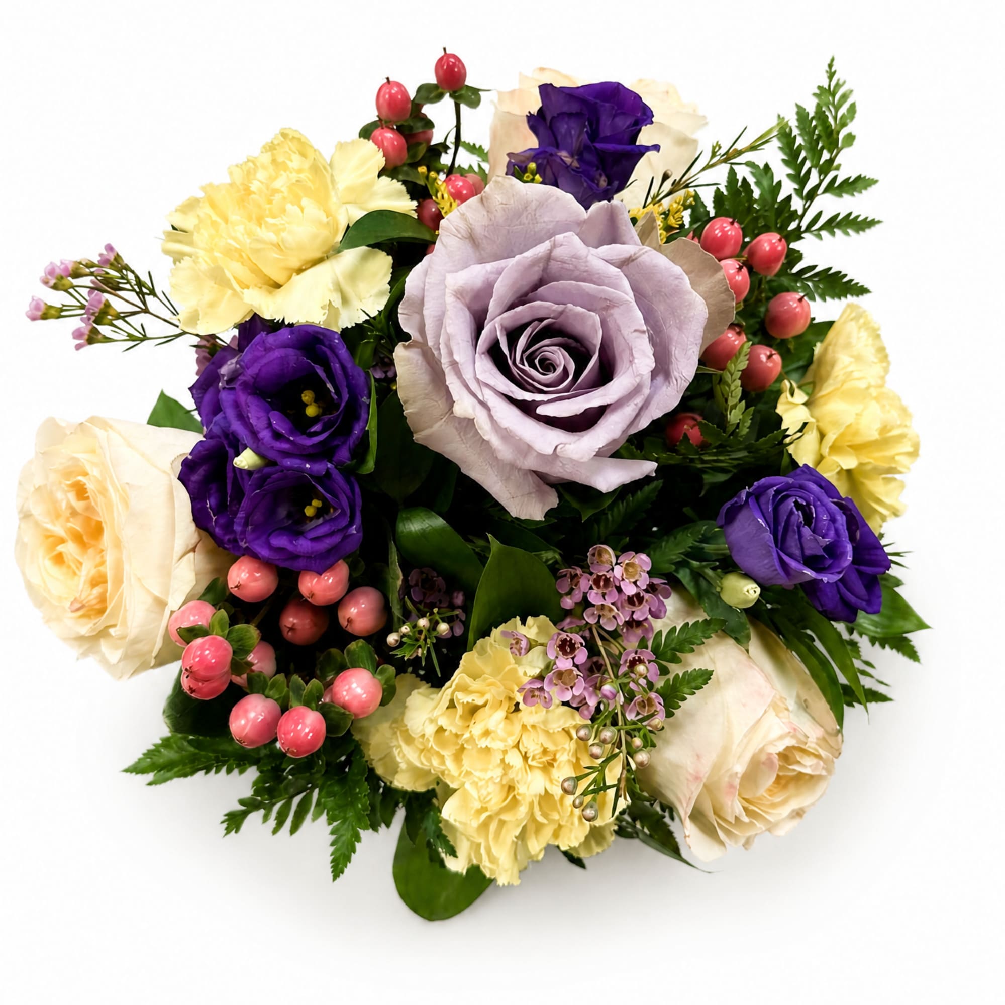 Mixed bouquet of roses and carnations in purple, cream, and yellow