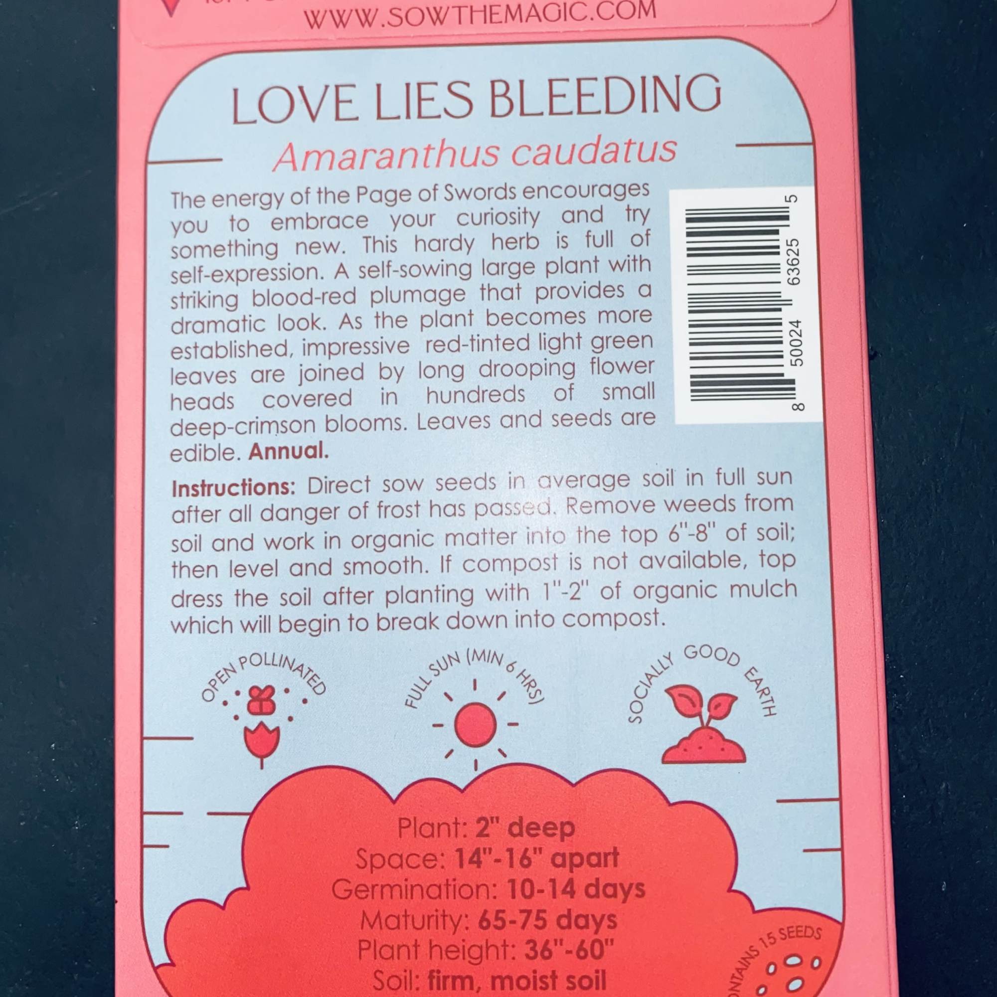 Pink seed packet for Love Lies Bleeding amaranthus