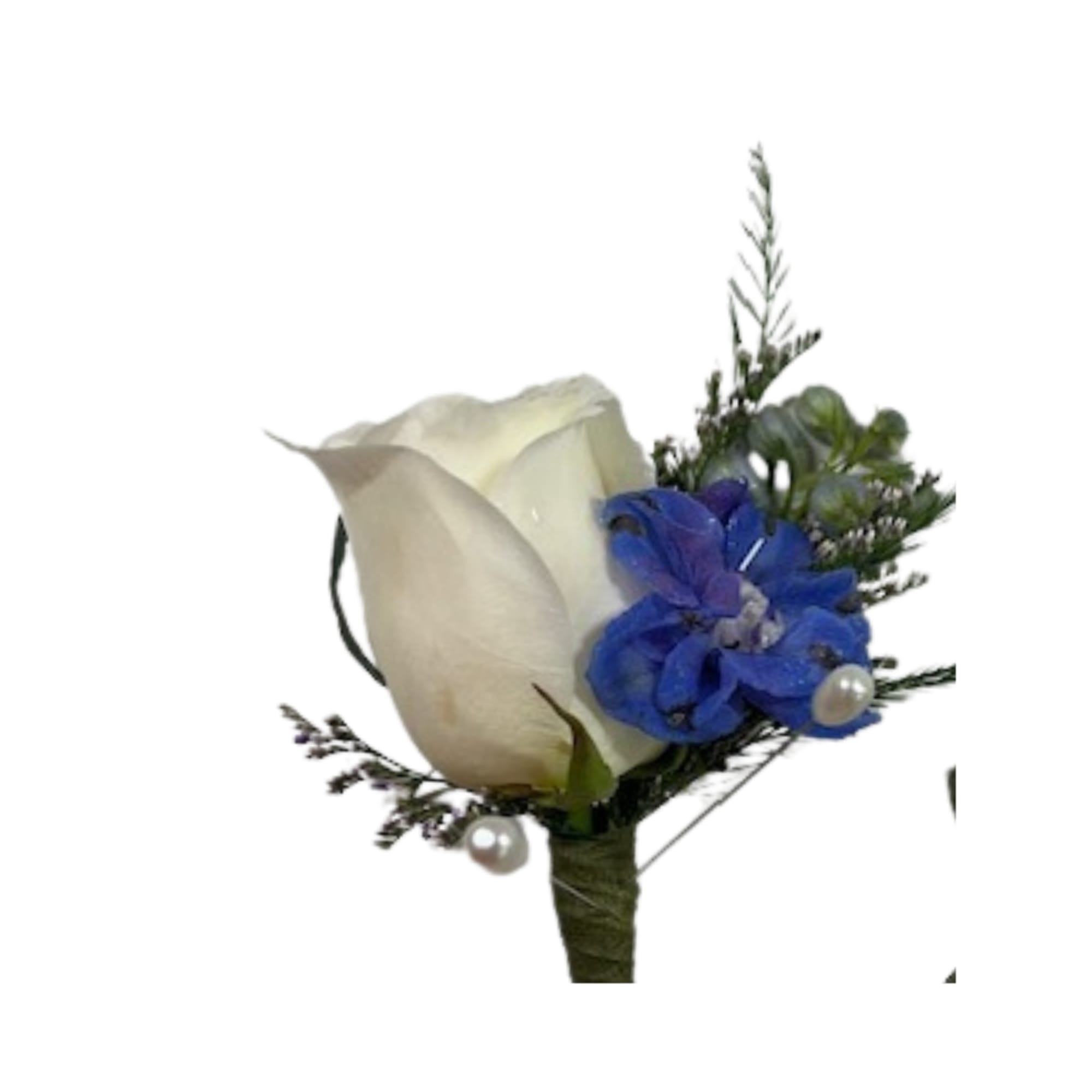 White rose boutonniere with blue flowers and pearl accents
