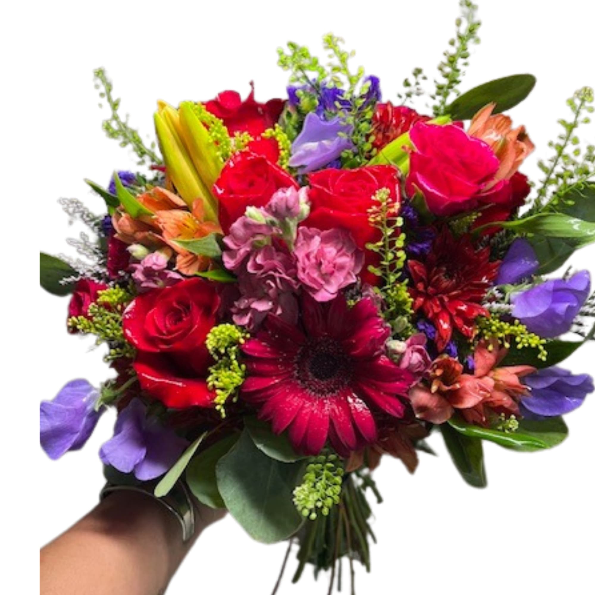 Handheld bouquet of red, pink, purple, and orange flowers