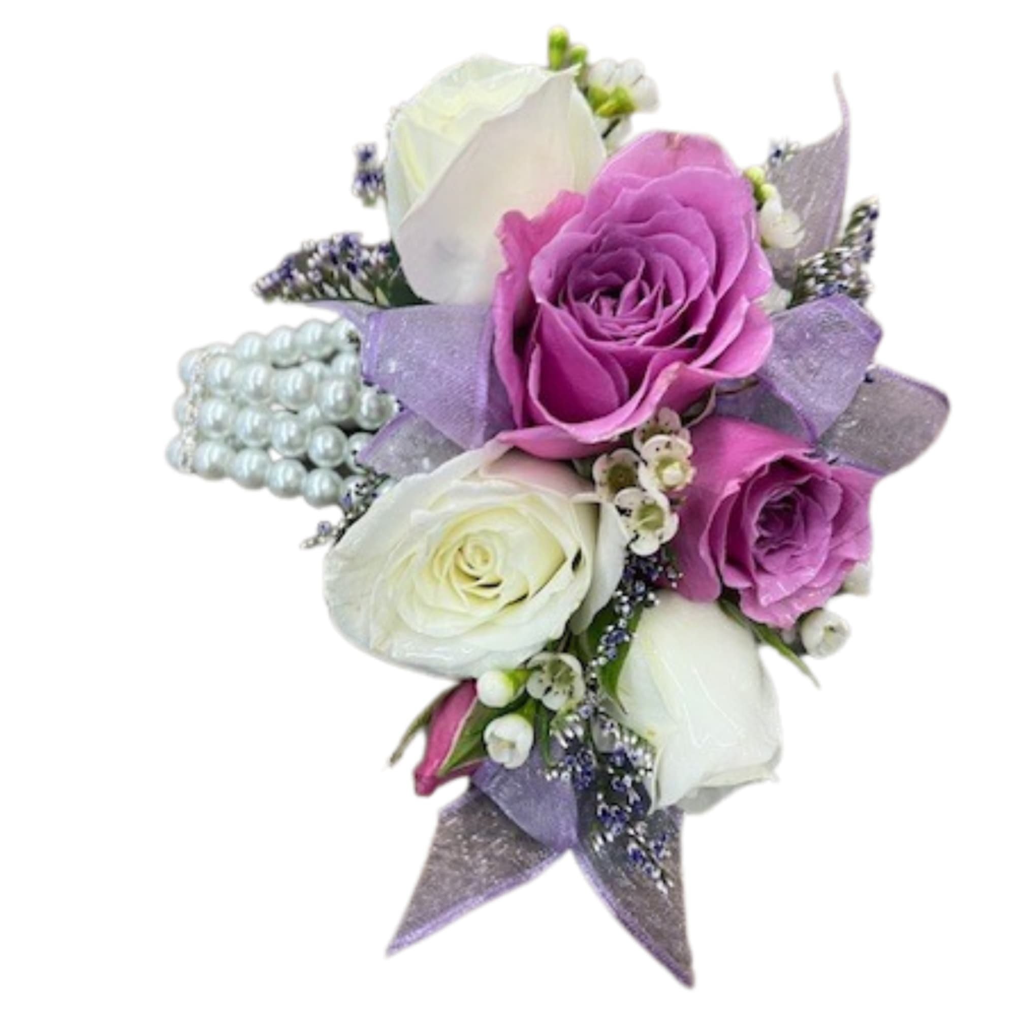 Purple and white rose corsage with pearl bracelet