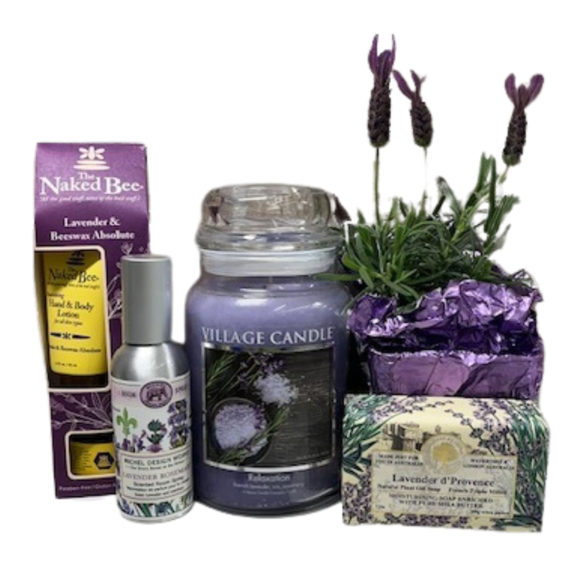 Lavender-themed gift set with candles, soap, lotion, and a small potted plant
