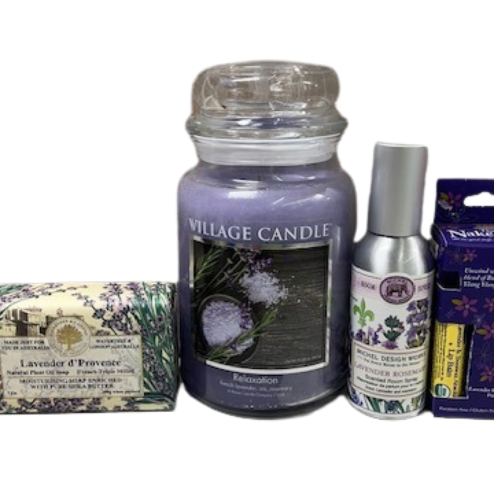 Lavender candle, soap, spray, and lip balm gift set