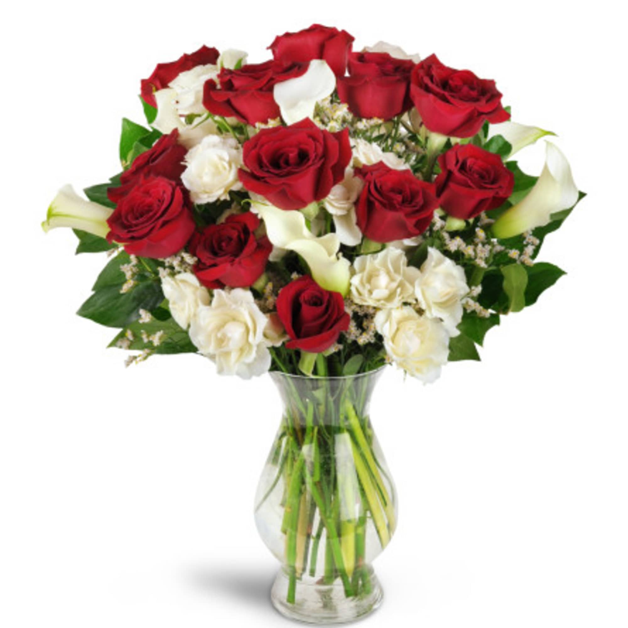 Red and white roses arranged in a clear glass vase, photo 2 of 3