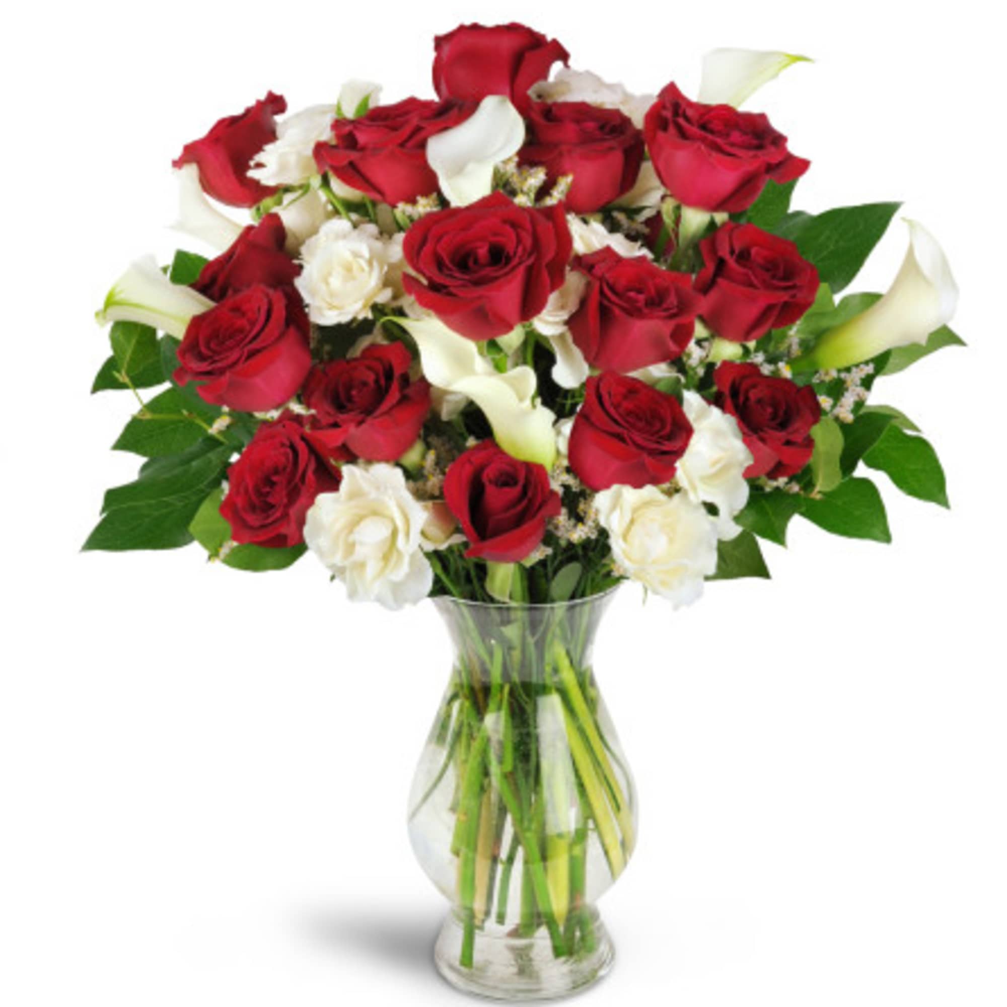 Red and white roses arranged in a clear glass vase, photo 3 of 3