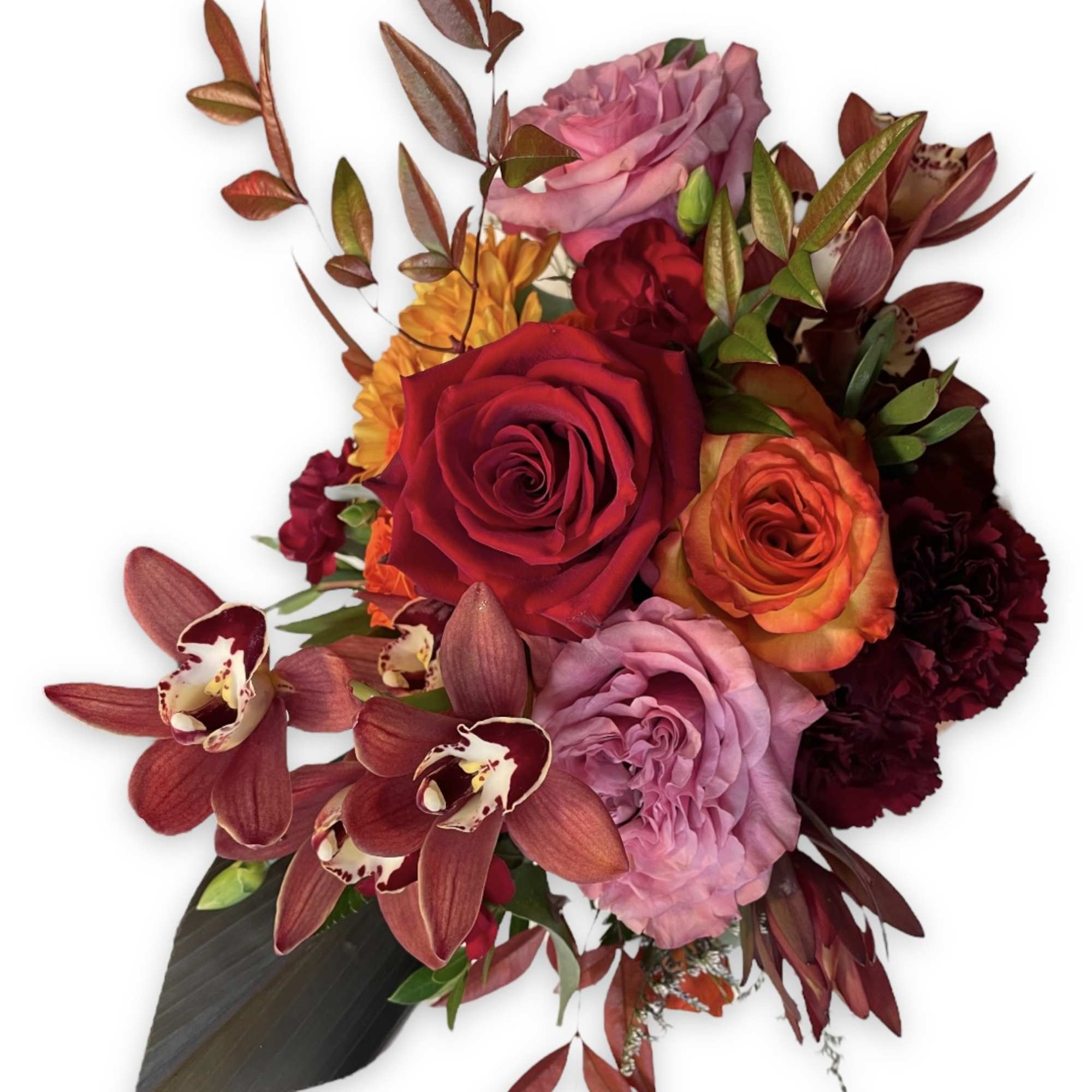 Bouquet of red, pink, and orange roses with burgundy orchids