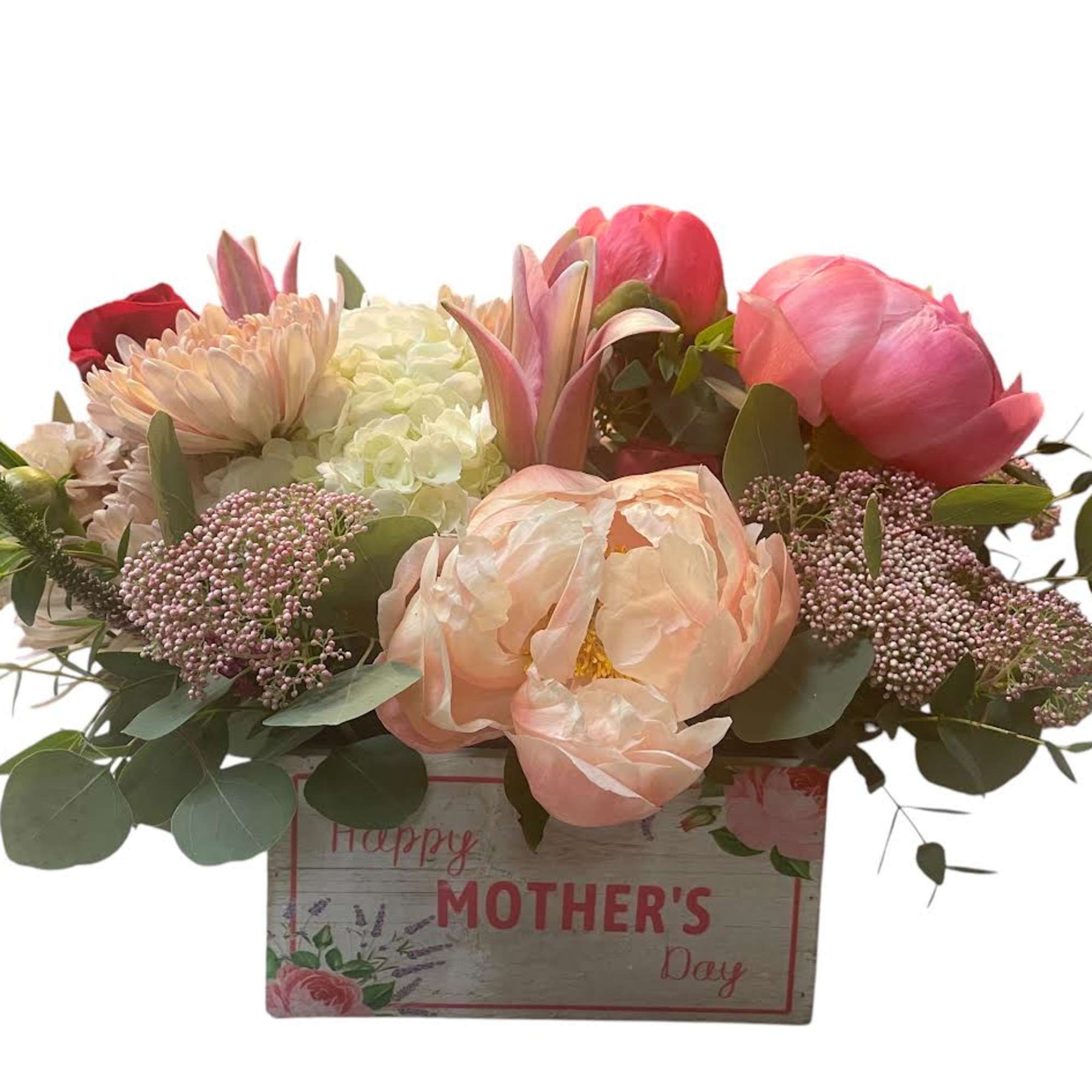 Pink and peach floral arrangement in a Mother's Day box