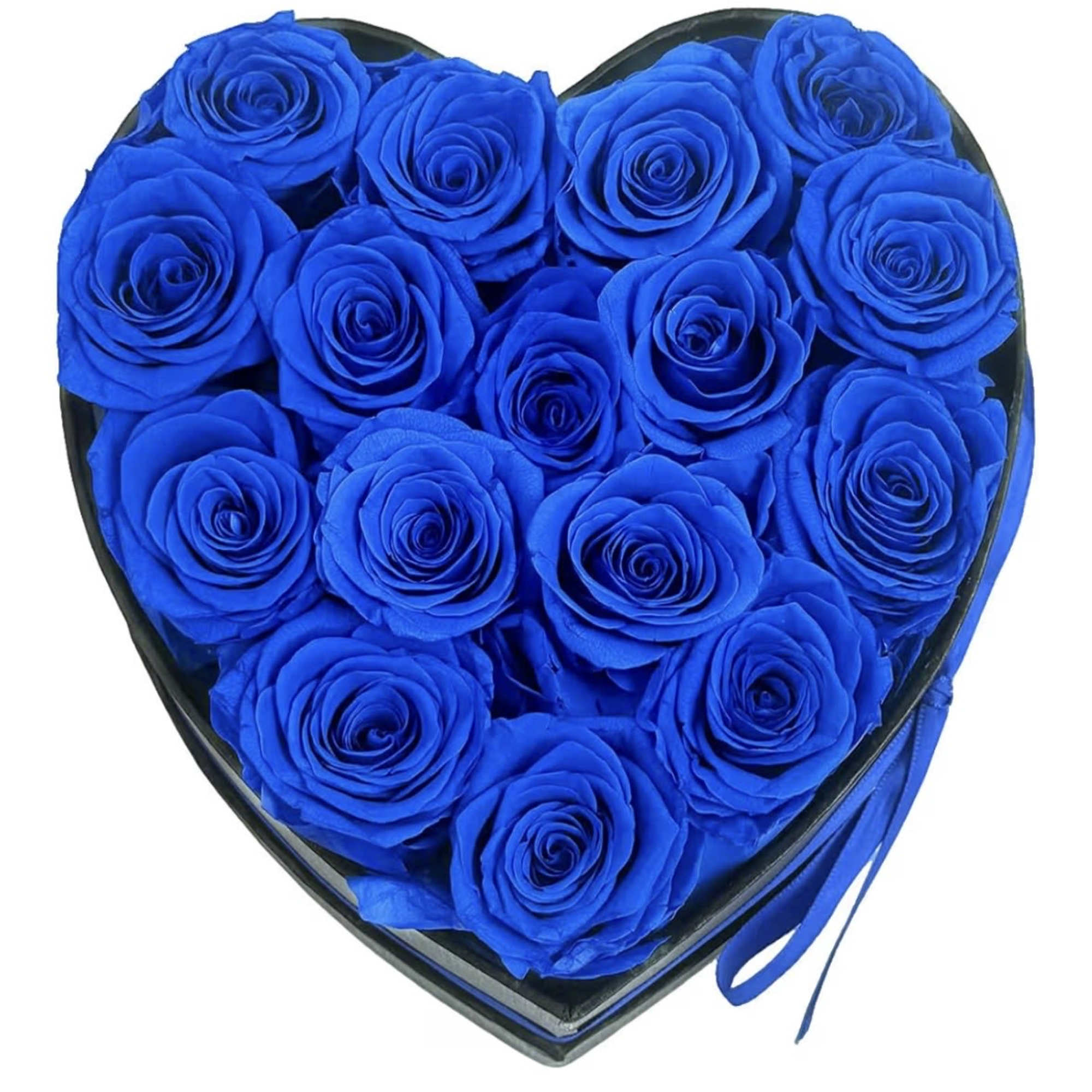 Heart-shaped box filled with bright blue roses