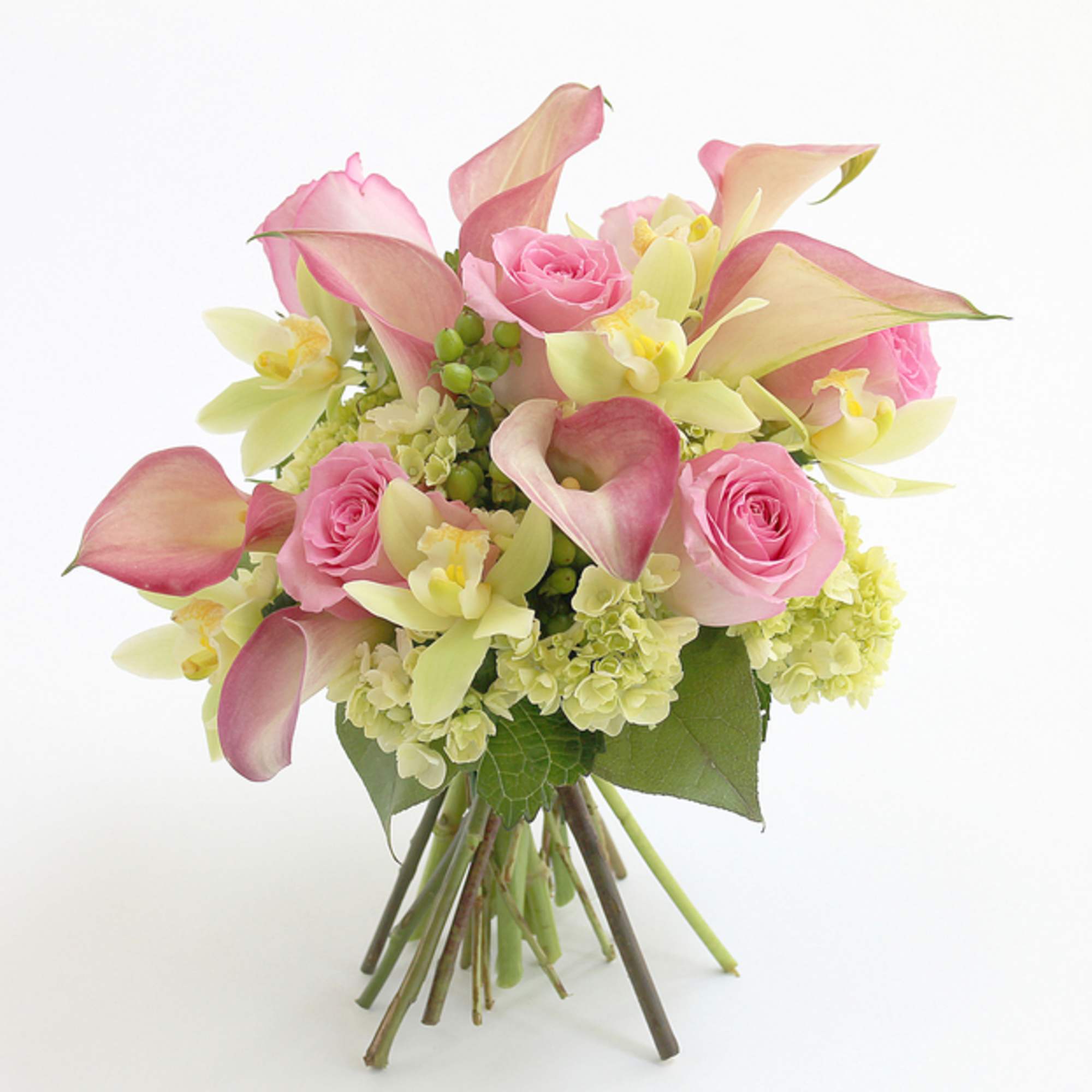 Bouquet of pink roses, calla lilies, and pale yellow orchids