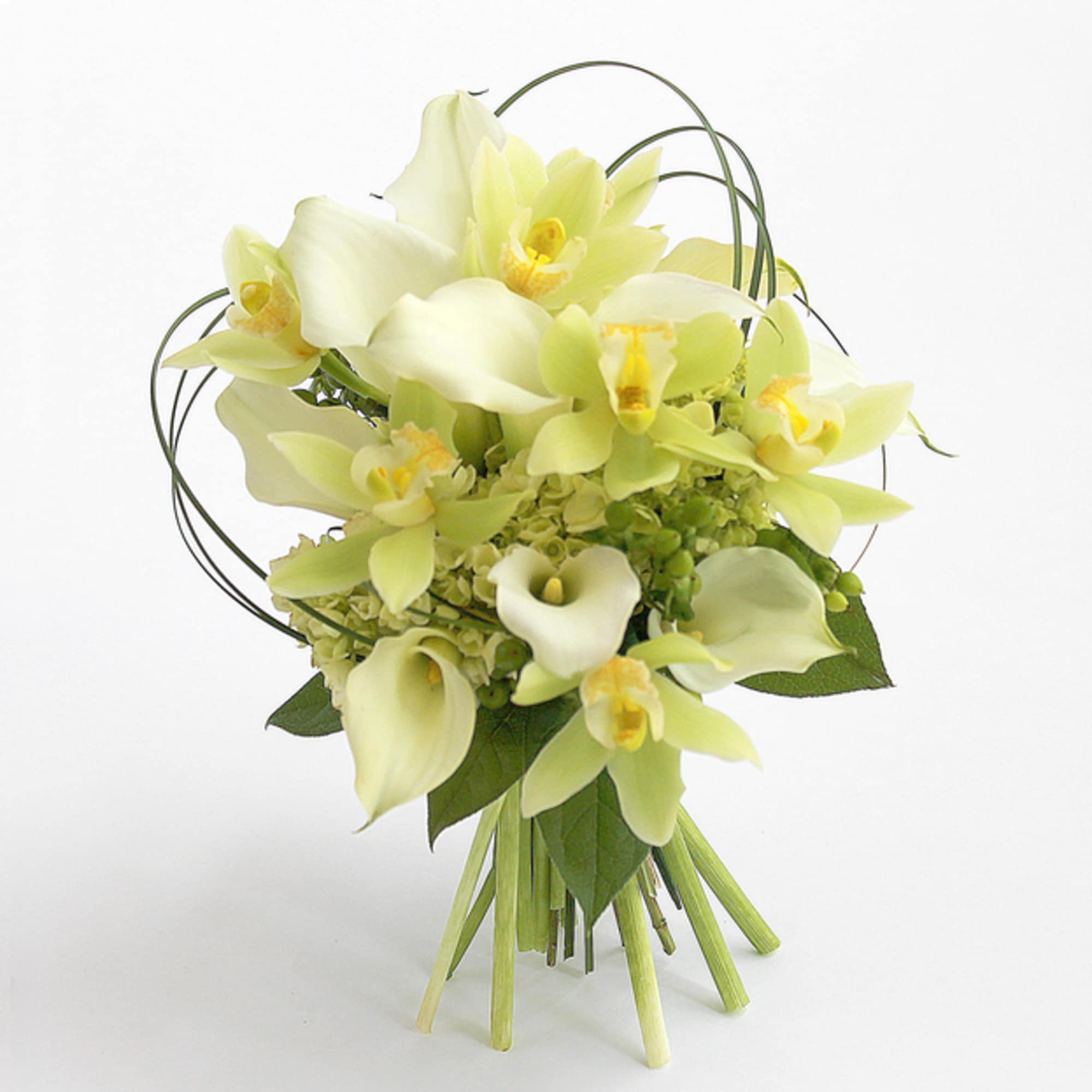 Bouquet of pale green orchids with curled wire accents