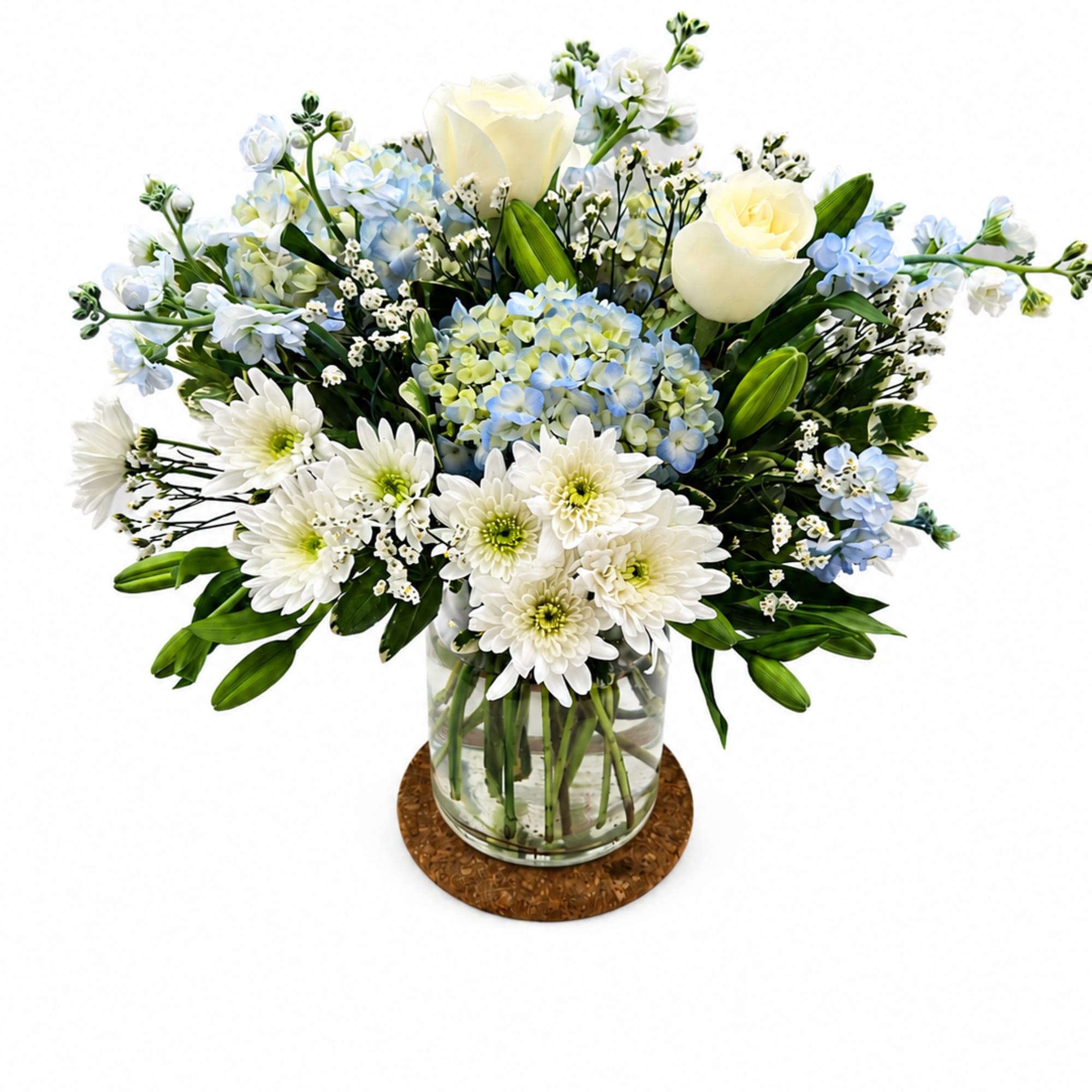 Soft blue delphinium spikes rising above a cloud of white roses give