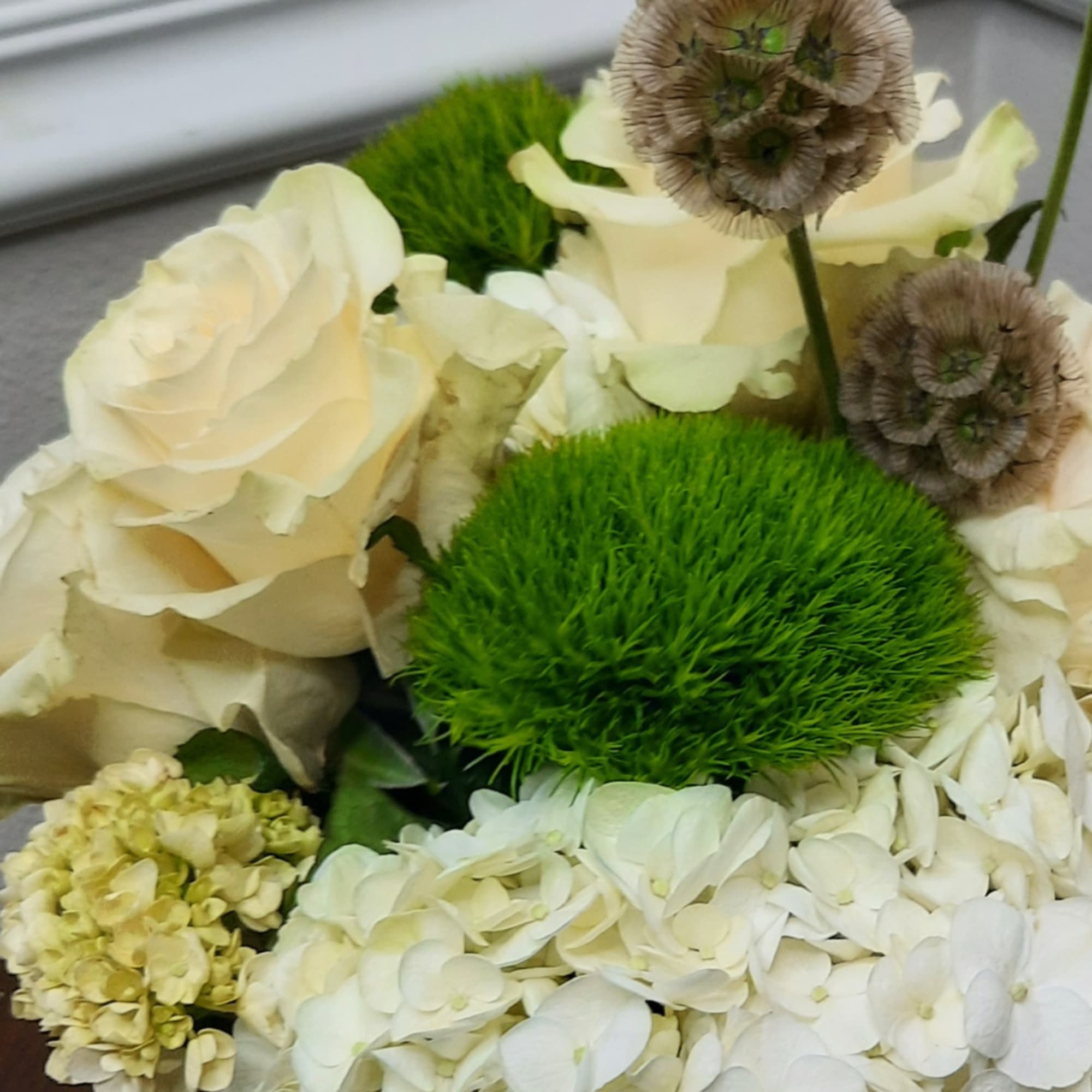 White roses and hydrangeas with bright green pom-pom blooms