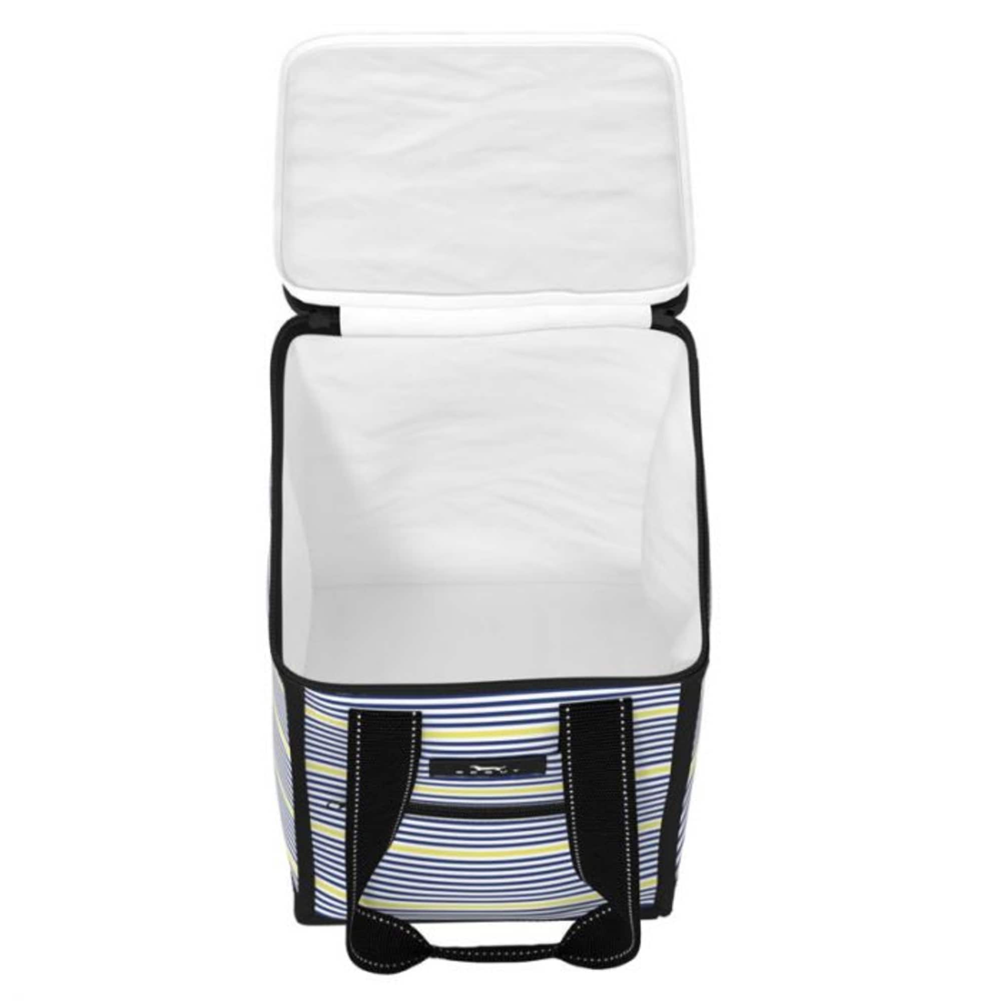 Striped insulated tote cooler with an open main compartment