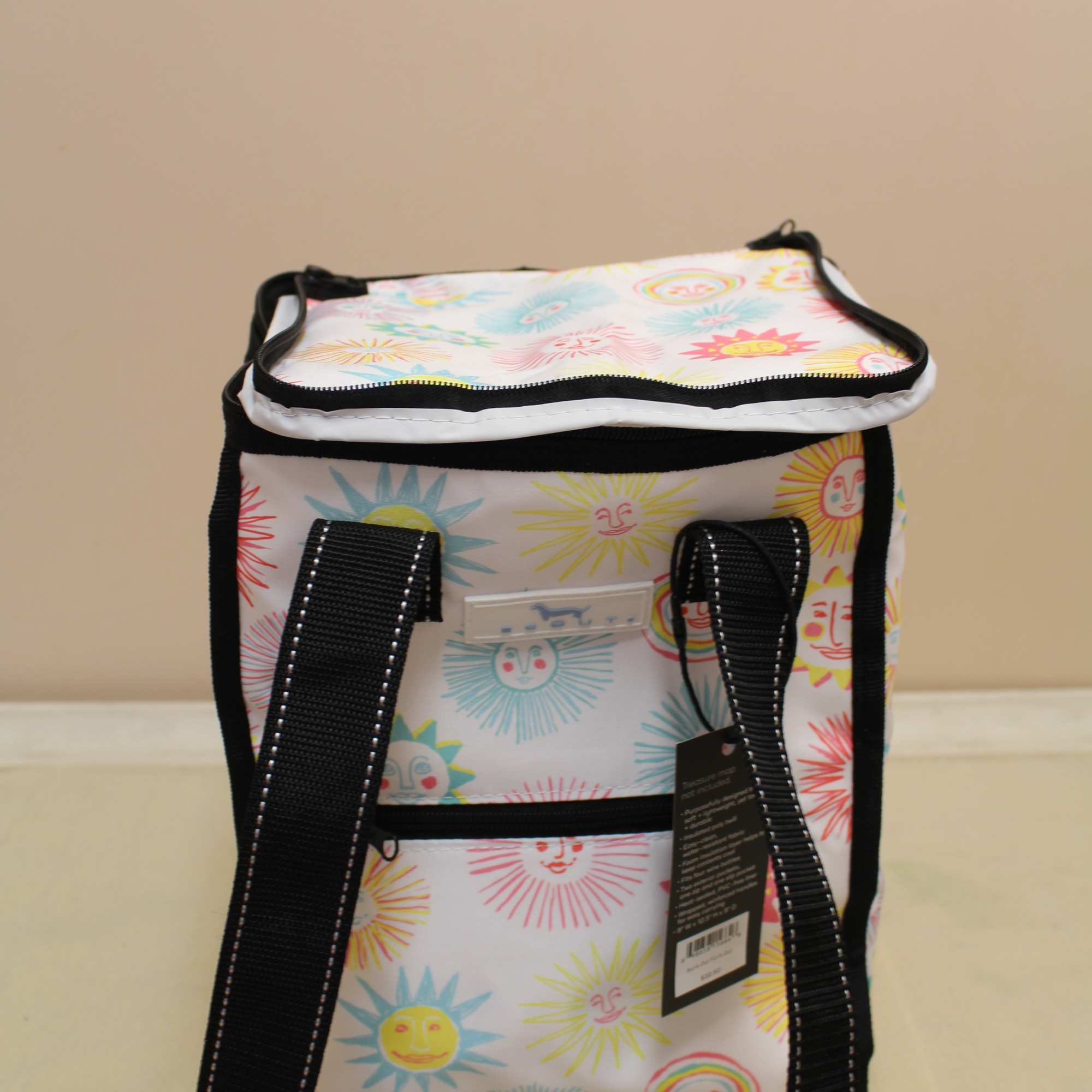 Patterned insulated tote bag with black shoulder straps