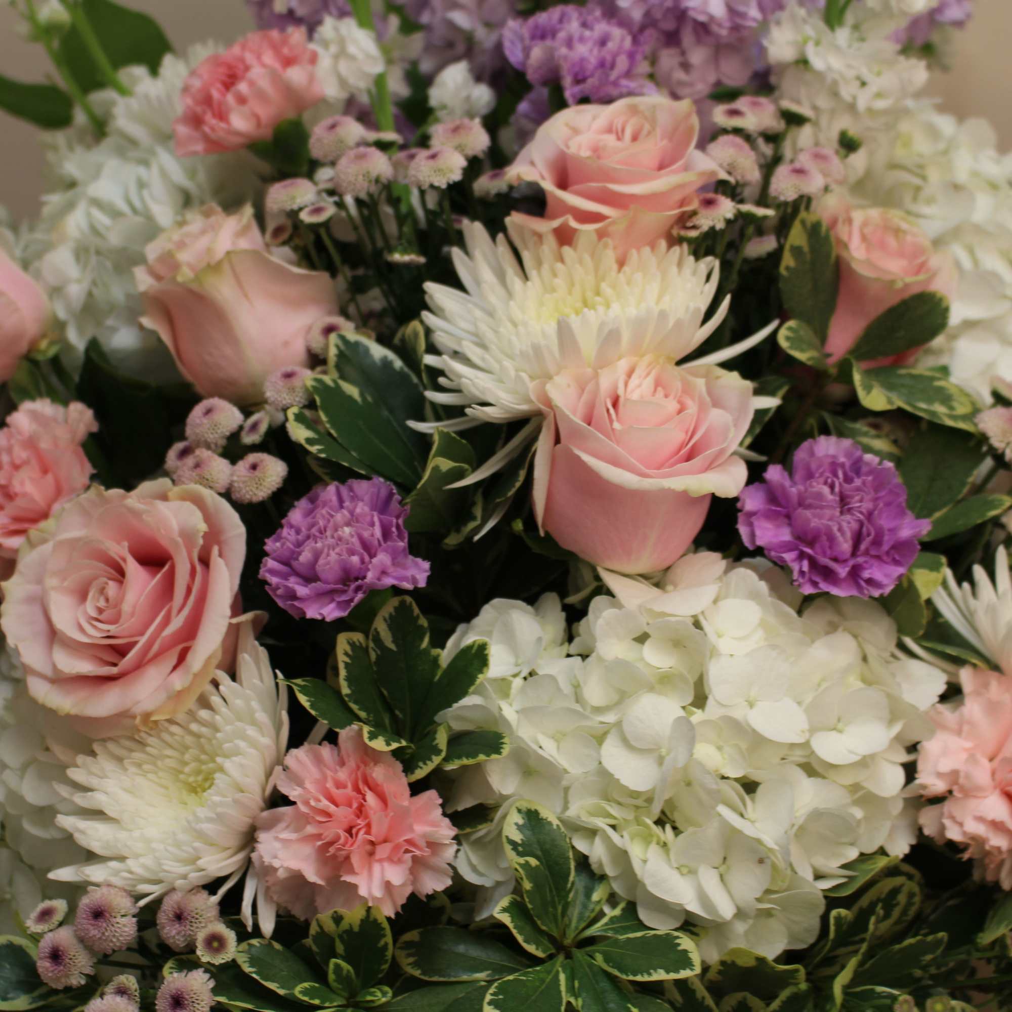Bouquet of pink roses, white chrysanthemums, and purple carnations