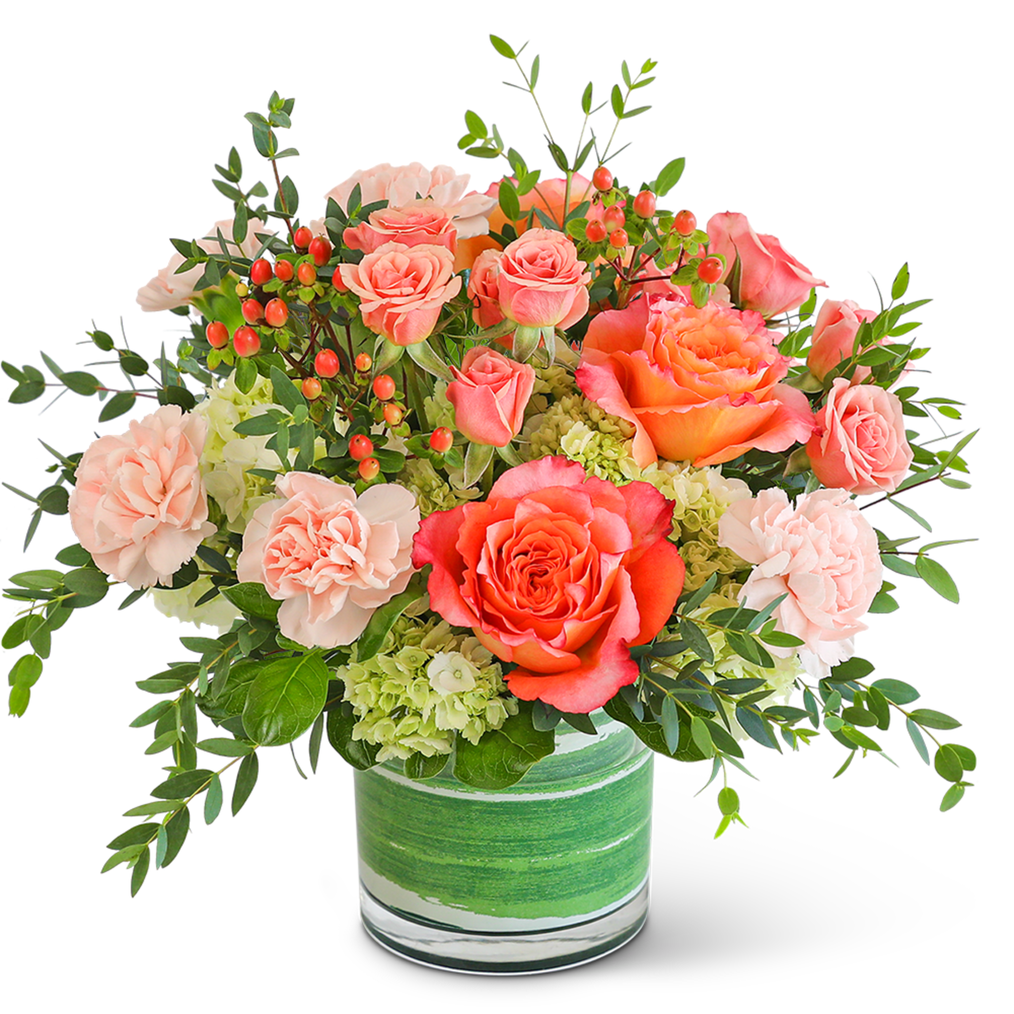 Coral roses and pale carnations in a green-striped glass vase