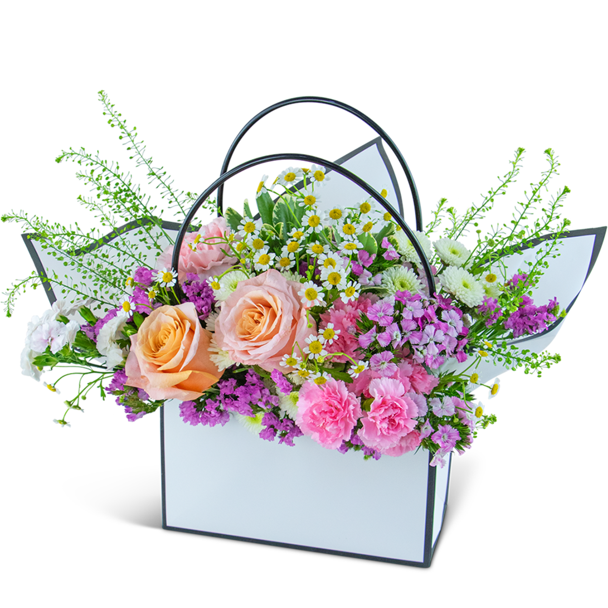 Basket of pink and peach roses with small daisies and purple flowers