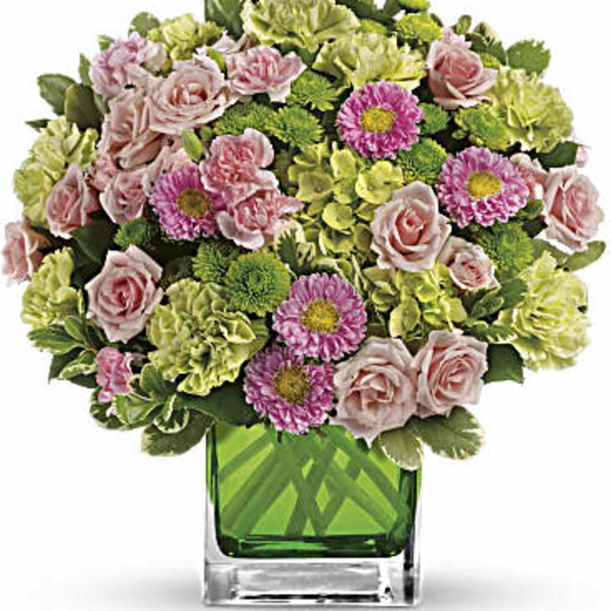 Sweetly sophisticated, this arrangement of green miniature hydrangea and light pink spray