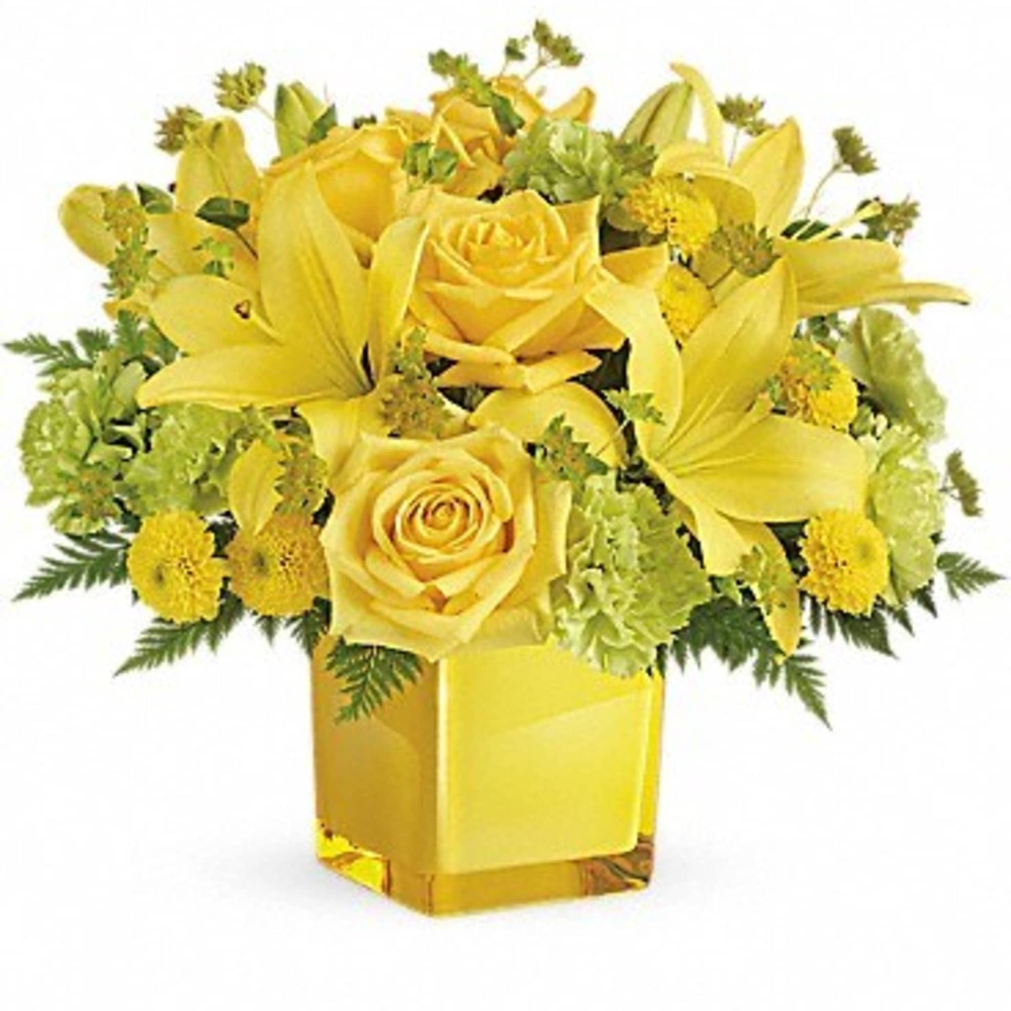 An instant pick-me-up! Beautifully arranged in a stylish cube vase, these radiant