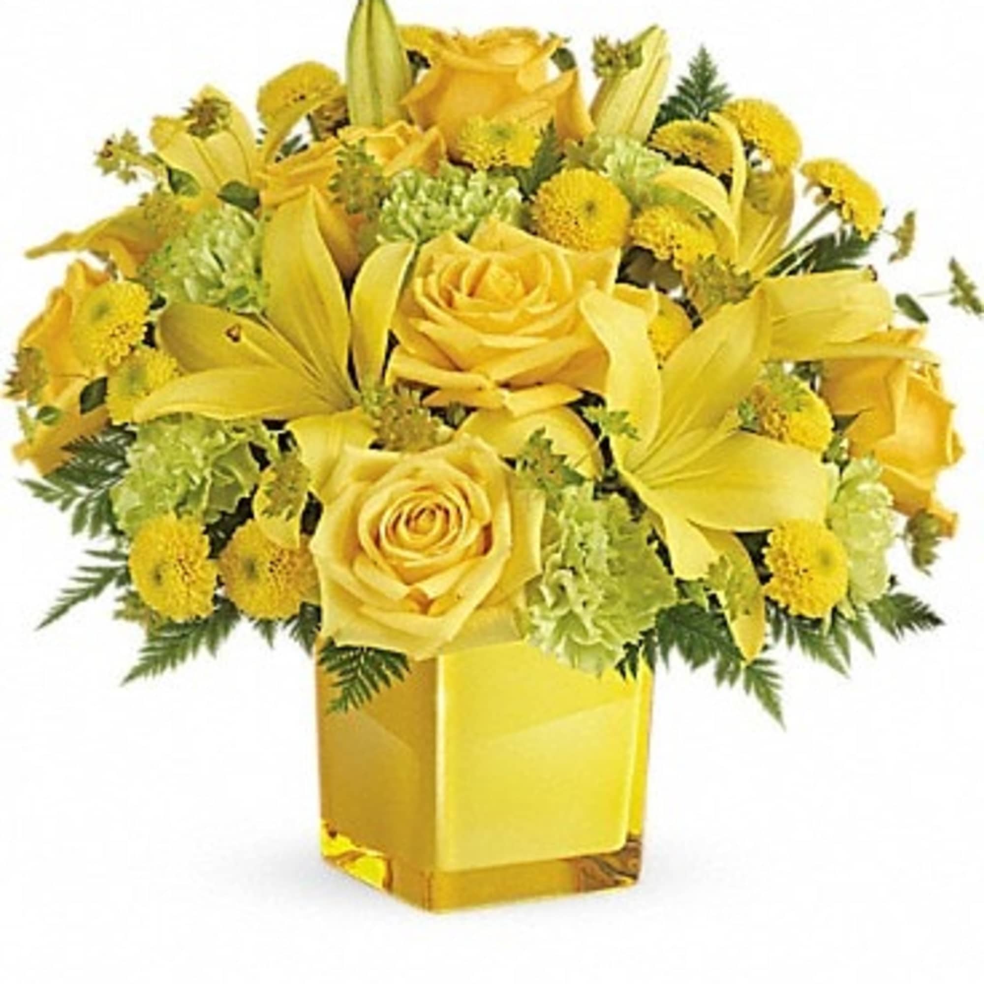 An instant pick-me-up! Beautifully arranged in a stylish cube vase, these radiant