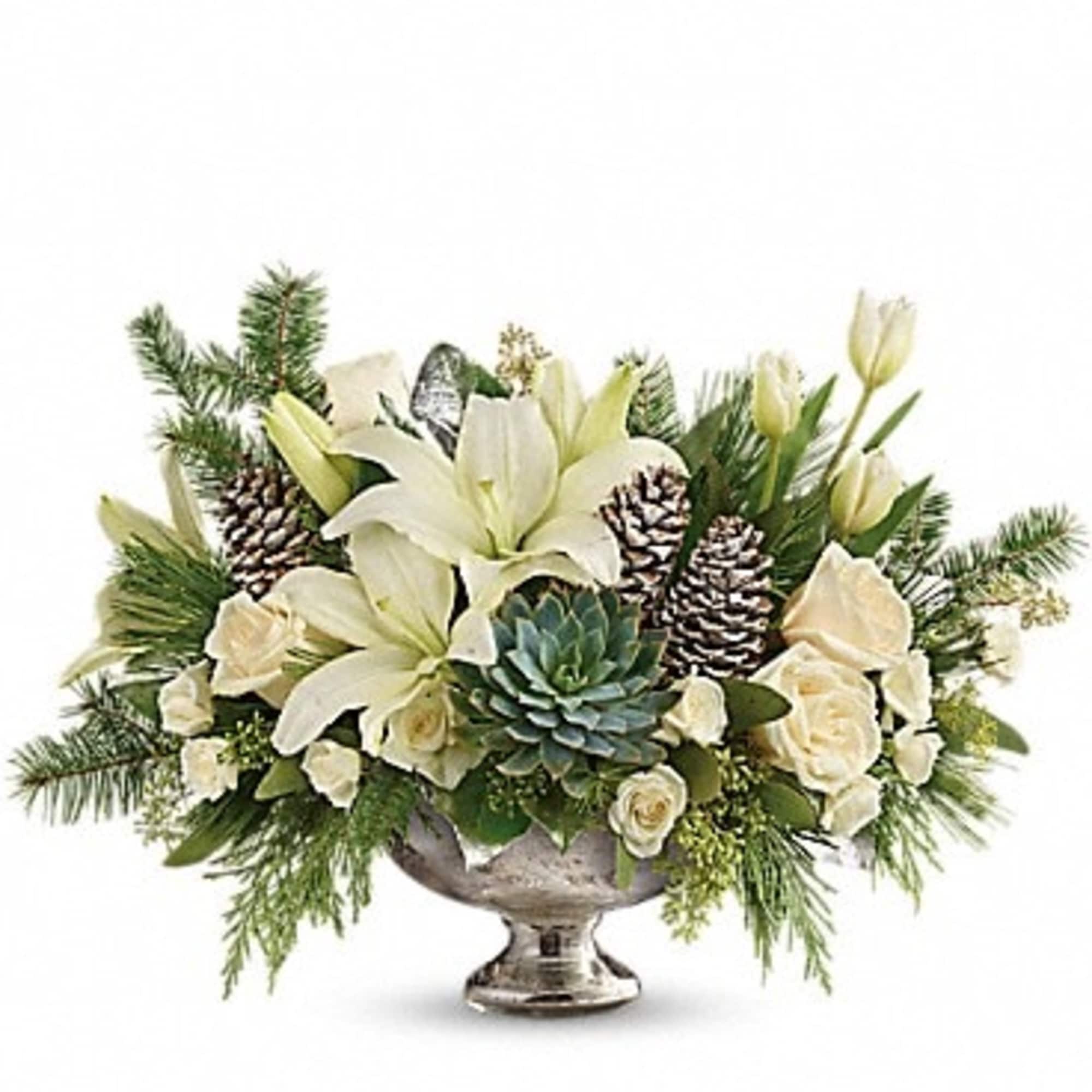Fresh winter greens and snow-white blooms are paired to perfection in this