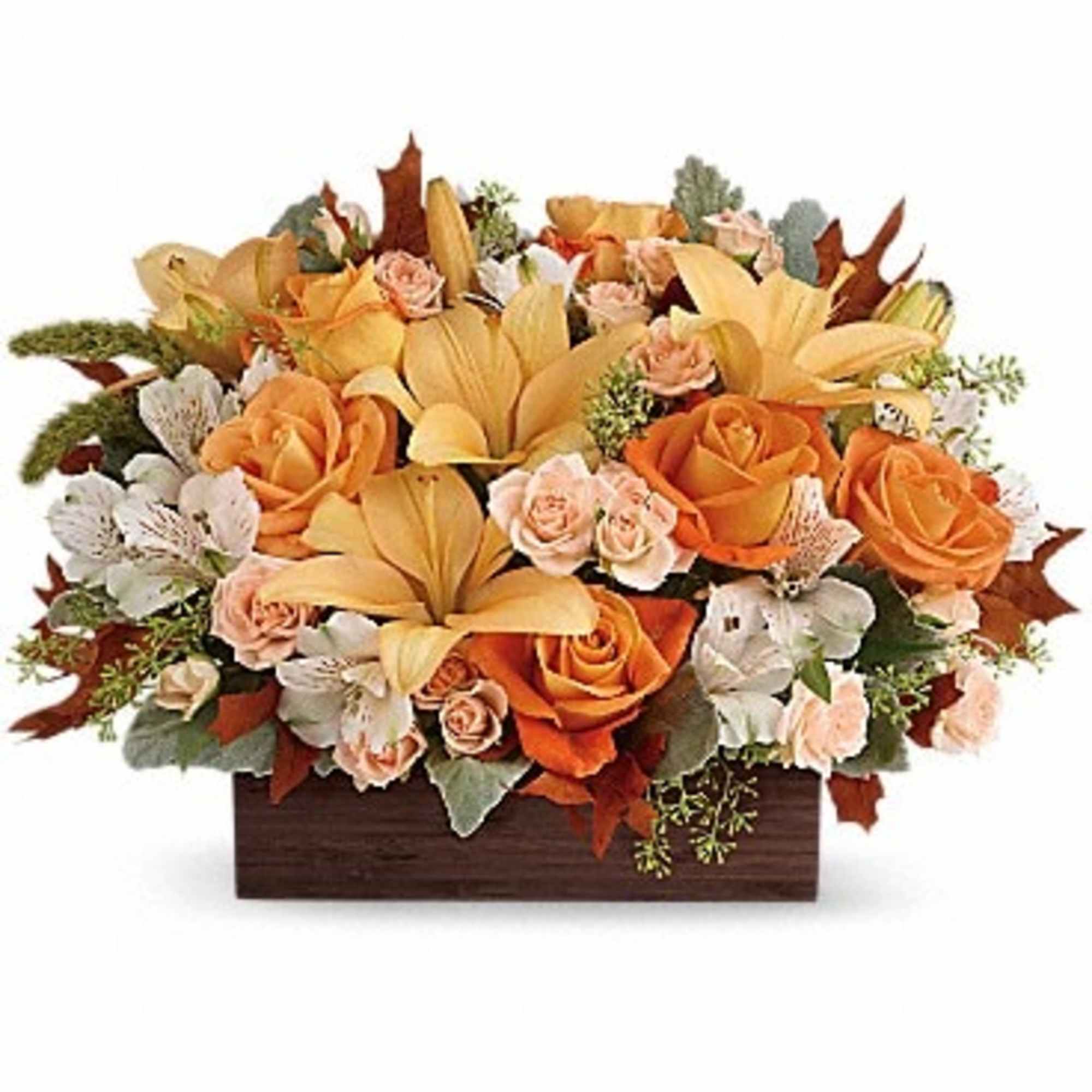 Orange and peach floral arrangement in a rectangular wooden container
